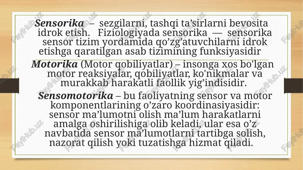 m belgi bo’lib, vertikal pozitsiyani qabul qilish tendentsiyasi mavjudligini anglatadi. shu bilan birga, qo’liga tutqizilgan shiqildoqdan ovoz chiqarish qobiliyat paydo bo'ladi. bu harakat ham muhim ahamiyatga ega. bu predmetli faoliyatning ya’ni miya yarimsharlari po’stlog’ini yetilish jarayonini boshlanishidan dalolat beradi. 5-5, 5oy. bola belida yotgan holda qo'llari bilan tizzalarga tegish, qornida yotib, ag’darilish qobiliyati yuzaga keladi. bu tarzda bola o’z tana sxemasini o’rganishni boshlab, keyinchalik bu jarayon o’z "meni"ning paydo bo'lishiga olib keladi. 5,5-6,5 oy. miyaning post-markaziy va premotor zonalarining funksiyalari yetilib, buning asosida tananing va qo’l-oyoqlarning ma’lum holatlari, shuningdek ularning seriyasi shakllanadi. taxminaniy faoliyat yanada murakkablashadi. bola qorinda yotib, cho'zilgan qo'llariga suyanadi, kaftlari ochiladi. shu payt bola tanasining ko’krak qismini ko’taradi? dahanini esa biroz pastga tushiradi . bu holat oldinga qarash uchun ancha qulay bo’ladi. 6,5-7,5 oy. miyaning tepa qismidagi tuzilmalar yanada faollashadi. bu davr tananing sxemasini jadal o’zlashtiriladi. bola belida yotib, oyoqlarini ko'taradi va oyoqlarini qo'llari bilan tegadi. bir …
