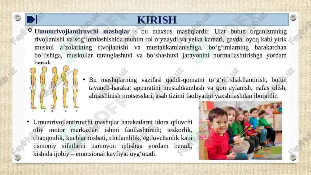 rakatchan bo‘lishiga, muskullar taranglashuvi va bo‘shashuvi jarayonini normallashtirishga yordam beradi, * bu mashqlarning vazifasi to‘g‘ri qaddi-qgomatni shakllantirish, gon aylanish, nafas olish, almashish jarayonlari, asab tizimi faoliyatini yaxshilashdan iborat. oila tarbiyachisi oilada bolalarning chiroyli qomatini shakllantirish uchun bolalar bilan ertalabki badantarbiya, jismoniy mashg*ulotlar jarayonida umumrivojlantiruvchi 108 mashqlarga katta e’tibor beradi, bolalar bu mashqlarni to‘g‘ri bajarishga, to‘g'ri nafas oolishga, ayniqsa muvozanaini saglash mashqlarni qizigib bajarishga o‘rgatadi, ne mashqlar mazmuni ‘mayatnik” = oyoglar yelks kehaligida, ko'llar belda ht bosh chap yelkaga 2- bosh o'ng yelkaoa [3 - bosh oldinga is - bosh orgaga lar yelka balandtigida zamokqilib ifashtirilgan ht -2-3°-4- bilaklami oldinga aylantirish 56-78 - bilakiarni orgaaa aylantirish zamok" ee ~ oyoalar yelka kenaligida, 4 marta lalamni qiziqishini orttirish chun tezlashtirib ham jarish mumkin. ‘qarsaklar” ;h.-\asosiy turish lt -gorin oldida aarsak: i2- ko'krak qafasi ro'parasida qarsak [3 - bosh tepasida qarsak i4 - bel orgasida garsak “4-6 marta lik uchta harakatda tirsaklar bukilmaydi. …