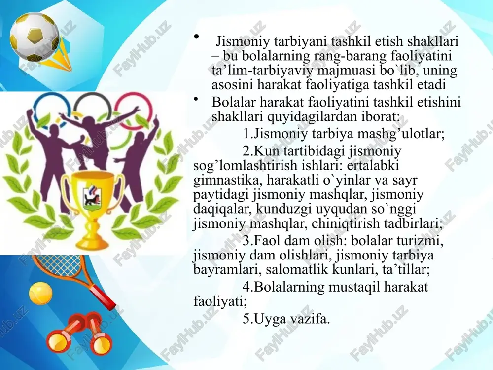 dan, diqqatning tayyorgarlik darajasini tekshirishdan, ayrim harakat ko`nikmalarini aniqlashtirishdan, bola organizmini asta-sekin mashg’ulotning asosiy qismida kechadigan birmuncha intensiv tez faoliyatga tayyorlashdan iboratdir. 7 bunday mashqlarga quyidagilar kiradi: -saflanish mashqlari – turlicha saflanishlar va qayta saflanishlar; -turli topshiriqlar bilan bajariladigan yurish va yugurish; -tarqalib yengil yugurish hamda keyinchalik katta va kichik davra, kolonna va hakozo bo`lib saflanish; -turli ko’rinishdagi va yassitovonlikning oldini olish maqsadidagi yurishlar tovonda, oyoq uchida, poldagi qalin shnur ustida, narvonda yurish va boshqalar. kirish qismi bolalarning kolonnaga uch to`rttadan bo`lib saflanishi, tarqalishi… bilan yakunlanadi. bu bolalarni mashg’ulotning asosiy qismi boshlanishidagi umumrivojlantiruvchi mashqlarni o`rgatishga o`tish uchun xizmat qiladi. bu qism kichik guruhlarda 2-4 daqiqagacha, o`rta guruhlarda 3 dan 5 daqiqagacha, katta guruhlarda 4 dan 6 daqiqagacha, davom etadi. mashg’ulotning asosiy qismi vazifalari va mazmuni. mashg’ulotning bu qismida bir holatda dastlab bolalarni umumrivojlantiruvchi mashqlarga, so`ngra asosiy harakatlarga o`rgatish va jismoniy sifatlarni tarbiyalash vazifalari belgilanadi; ikkinchi bir holatda asosiy harakat mashqlariga …