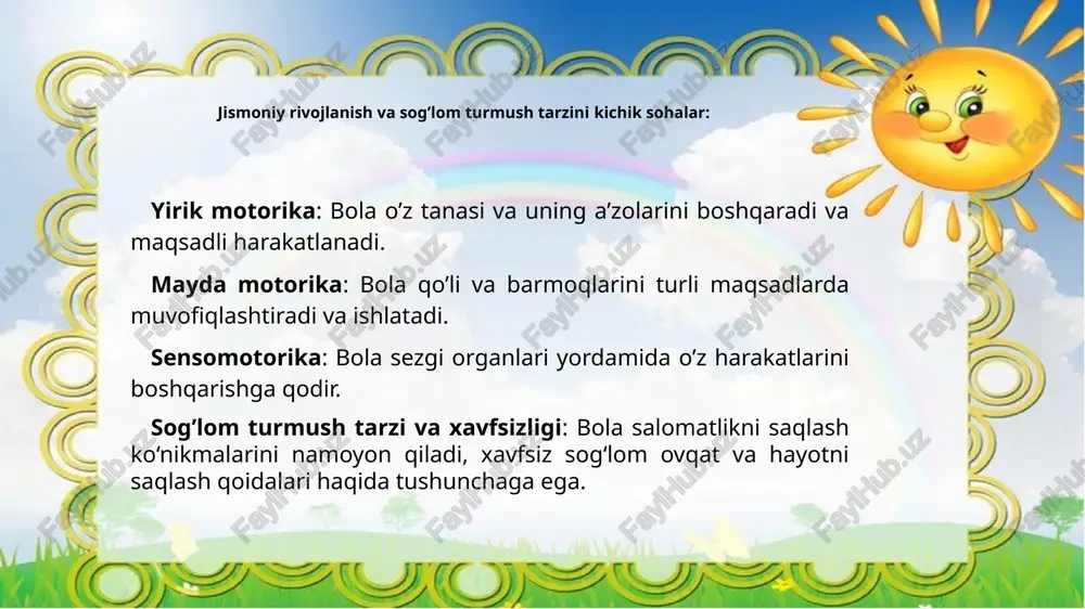holda, faol v atinch o'yinlarni almashtirish yaxshiroqdir. shaxsiy gigiena uchun sog'liq chaqaloq juda muhimdir. chaqaloq eng boshida hayotni o'zlashtirish keraktanani boqish kerak. bu nafaqat tananing yaxshi holati uchun, balki juda muhimdir boshqalarning sog'lig'i. bolada shaxsiy narsalar bo'lishi kerak narsalar: taroq, tish cho'tkasi, sochiq va ro'molcha. bolaligingizdan unga ta'lim berishingiz kerak to'g'ri ushbu narsalardan foydalaning. sog’lom turmush tarzi qisqa jismoniy mashqlar sog'liqni saqlash va bolalarda sog'lom turmush tarzi haqida asosiy bilimlarni shakllantirishga qaratilgan. maktabgacha yoshdagi bolalarga sog'lom turmush tarzini olib borish qisqa jismoniy mashqlar bilan boshlanadi: dinamik pauzalar barmoq gimnastikasi; ko'zlar uchun gimnastika; nafas olish mashqlari; tetiklantiruvchi gimnastika; ochiq o'yinlar; yengillik jismoniy faoliyat - bu bolaning, ayniqsa maktabgacha tarbiyachining tabiiy ehtiyojidir. bu yoshda bolani sog'lom turmush tarziga ko'niktirishga intilayotgan ota-onalarning asosiy vazifasi ularning motor qobiliyatlarini yaxshilashdir va ular katta bo'lgan sari faol jismoniy faoliyatning tabiati, intensivligi, maqsadini o'zgartirish. kundalik jismoniy mashqlar va sport bilan bir qatorda, bolalar hayotning birinchi kunlaridan boshlab …