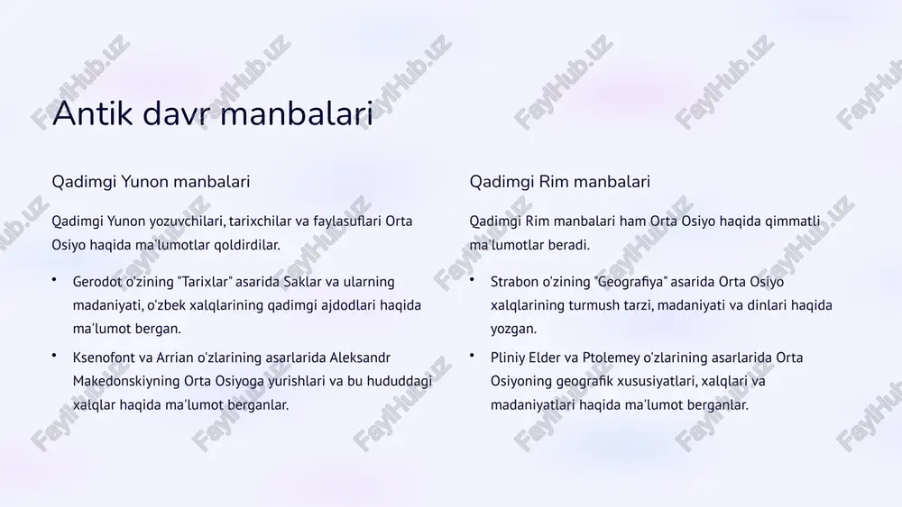 lar, turklar, afg'onlar va boshqa xalqlarning orta osiyodagi harakatlari haqida eslatib o'tiladi. shuningdek, vi asrdan boshlab, orta osiyoga missionerlik safarlari haqida xabarlar paydo bo'la boshladi. 4 arablar tomonidan yozilgan tarixiy manbalar 1 arab tarixchilari arab tarixchilari orta osiyo haqidagi ma'lumotlarni o'z asarlarida keng qamrovli qayd etishgan. 2 geografik tavsiflar ular hududlarning geografik tavsiflarini, aholining turmush tarzini, din va madaniyatini batafsil bayon qilganlar. 3 siyosiy tarix orta osiyo xalqlari bilan arablar o'rtasidagi siyosiy va iqtisodiy aloqalarni, turli xil davlatlar va hukmdorlar haqida ma'lumotlarni o'z ichiga olgan. 5 fors-tojik tarixiy manbalari tarixiy manbalar fors-tojik tarixiy manbalari orta osiyo tarixini o'rganishda muhim ahamiyatga ega. ular qadimgi davrlarning madaniyati, ijtimoiy hayot, siyosat va iqtisod haqida qimmatli ma'lumotlarni o'z ichiga oladi. tarixiy shaxslar fors-tojik tarixchilari, masalan, ibn sino, narshaxiy, ahmad ibn xalifa, al-birooniy, abu rayxon beruniy, al-xorazmiy kabi mashhur mutafakkirlar, olim va tarixchilar, o'z asarlarida orta osiyoning turli jihatlarini o'rganib, qimmatli ma'lumotlarni taqdim etishgan. madaniy …