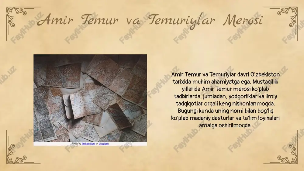 rivojlantirish, ijtimoiy hayotda ilm-fanning ahamiyatini oshirish va yosh avlodni tarbiyalash. amir temur o'zining hukmronligi davrida ta'lim sohasini rivojlantirish uchun ko'plab mablag' ajratgan va bu orqali ilm-fan, madaniyat va san'atning rivojlanishiga asos solgan. temuriylar davri o'zbekistonda ta'lim tizimining rivojlanishida muhim rol o'ynagan. amir temur o'z vaqtida ilm-fan va ta'limga katta e'tibor qaratgan. temuriylar zamonida madrasalar, kutubxonalar va ilmiy markazlar tashkil etilib, ko'plab olimlar va mutafakkirlar yetishib chiqdi. bu davrda abu rayhon beruniy, al-khwarizmi va boshqa buyuk mutafakkirlarning asarlari ta'limda muhim ahamiyatga ega bo'ldi. amir temur va milliy g'oyalar photo by uta scholl on unsplash temuriylar davrining tarixiy yutuqlari iqtisodiy yutuqlar temuriylar davrida iqtisodiy rivojlanishlar yangi savdo yo'llarining ochilishi va qishloq xo'jaligini modernizatsiya qilish bilan bog'liq edi. bu davrda mamlakat ichida va xalqaro savdo kengayib, boylik va resurslar ortdi. madaniy yutuqlar madaniy yutuqlar esa san'at, adabiyot va me'morchilik sohalarida o'z aksini topdi. temuriylar davrida bir qancha mashhur shoirlar va san'atkorlar yetishib chiqdi, …