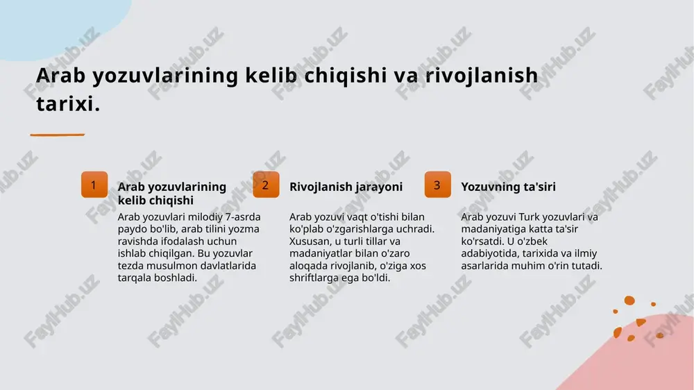 qo'shgan hissasi. arab yozuvlari va madaniyat arab yozuvlari, turk madaniyatida yozma an'analarni rivojlantirib, ma'naviyat, ta'lim va san'at sohalarida muhim rol o'ynagan. adabiyotga ta'siri arab yozuvlari orqali yozilgan asarlar, o'zbek adabiyoti va turkiy xalq og'zaki ijodining boy tarixi va madaniyatini saqlab qolishga yordam berdi. mifologiya va afsonalar arab yozuvlari turk mifologiyasi va afsonalarini yozma shaklda saqlashda muhim vosita bo'lib, ularning o'ziga xosligini va madaniy merosini mustahkamladi. turk yozuv merosining rivojlanish tarixi va asosiy bosqichlari. 1 turk yozuv merosining bosqichlari turk yozuv merosi tarixida bir necha muhim bosqichlar mavjud: qadimiy yozuvlar, arab yozuvi davri va lotin yozuviga o'tish. 2 qadimiy yozuvlar qadimiy turk yozuvlari, jumladan, runik yozuvlar, turklarning ilk madaniyati va tarixi haqida ma'lumotlar berib, ularning o'ziga xosligini ko'rsatadi. 3 arab yozuvi davri arab yozuvi turk yozuv merosida muhim rol o'ynadi, o'zbek adabiyotining rivojlanishida va madaniyatni saqlashda asosiy vosita bo'ldi. arab yozuvlarining turkiy tillarda qo'llanilishi va madaniy ta'siri. arab yozuvlarining tarixi arab …