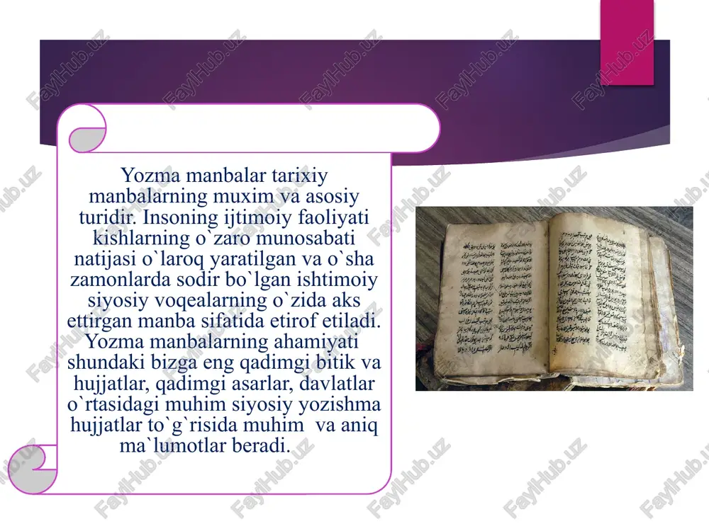 m davom etirildi. avestoning qo`shiqlari va qissalari abulqosim firdafsiyning “shohnoma” dostoniga manba bo`lib hizmat qilgan. behustun yozuvlari eron hukmdori doro i tomonidan suza shahri yaqinidagi behustun qoyalariga 3 tilda elam, fors, bobil tillarida yozilgan. bu qoyada eronlik askarlar bilan birga sak, massaget, so`g`d halqlari yunonlar bilan bo`lgan janglarda qatnashganliklari va satrabliklarning ishtimoiy –iqtisodiy – manaviy – madaniy turmush tarzi aks ettirilgan. bu yozuvlarning hozirgi yetti guruhi: lena – baykalbo`yi bitiklari, yenisey, mo`g`uliston, oltoy, sharqiy turkiston, o`rta osiyo bitiklari ma`lum. bu bitiklar o`rta osiyo, shuningdek, o`zbekiston halqlarining arablar istilosi arafasidagi ijtimoiy – siyosiy hamda madaniy hayotini o`rganishga yordam beradi. qadimgi turk manbalari – bular orasida xvii asrda sibr hamda mo`g`ulistonda, oltoy hamda o`rta osiyo , o`bekistonda topilgan runiy bitiklar alohida qimmatga ega. qonunchilik aktlari –turli shakllarda bo`ladi bular –hukumatlar tomonidan e`lon qilingan manefis, farmon, ustav, (maromnoma) qonun va qonunlar majmuasi bo`lishi mumkun. davlat ish yuritish hujjatlariga davlatning markaziy va mahalliy boshqaruv …