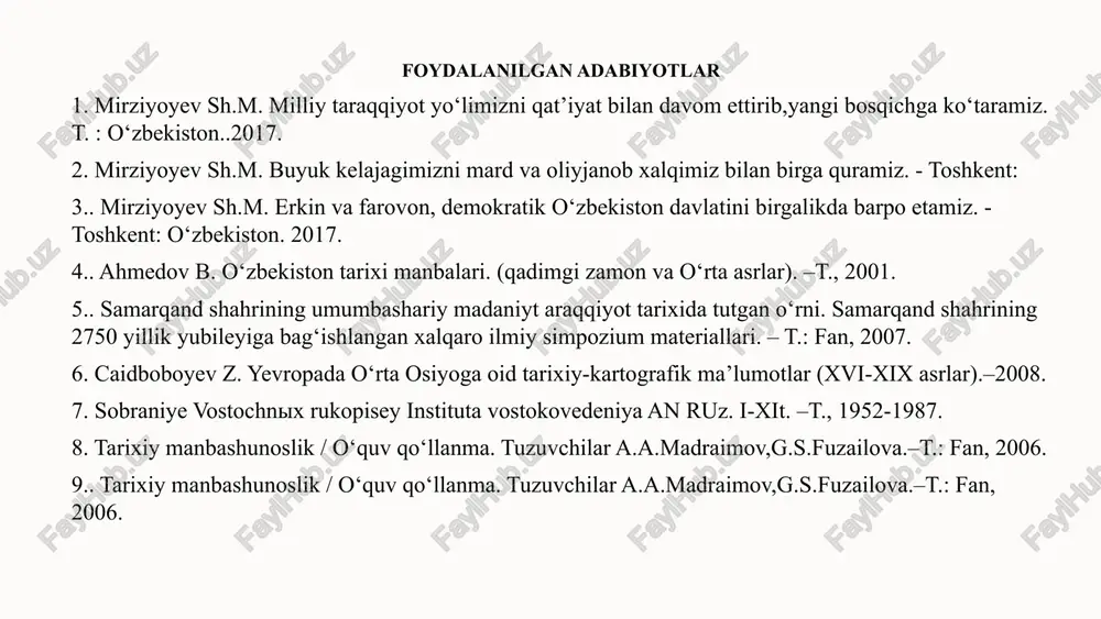 ossiya imperiyasining tarkibiga kirdi. bu davrda davlatchilik shakllanishida rossiya imperiyasining ta'siri sezilarli bo'lgan. 4 xx asr xx asrda o'zbekiston sovet ittifoqining tarkibiga kirdi. bu davrda davlatchilikning shakllanishi va rivojlanishiga sovet siyosati katta ta'sir ko'rsatgan. 3 o'zbekiston respublikasi mustaqillik yillarida davlatchilikning asosiy yo'nalishlari mustaqil davlatchilikning shakllanishi o'zbekiston respublikasi mustaqillik e'lon qilganidan so'ng, davlatchilikning yangi tizimi shakllandi. bu tizim xalq hokimiyatini mustahkamlash, demokratik qadriyatlarni rivojlantirish, huquqiy davlat va fuqarolik jamiyatini qurishga qaratilgan edi. bozor iqtisodiyotiga o'tish o'zbekiston respublikasi mustaqillik yillarida bozor iqtisodiyotiga o'tish yo'lini tanladi. bu jarayon davlatning rolini qayta ko'rib chiqishni, xususiylashtirishni, biznesni rivojlantirishni va ochiq iqtisodiy siyosatni amalga oshirishni o'z ichiga oldi. xalqaro hamkorlikni kengaytirish mustaqillikdan so'ng, o'zbekiston respublikasi xalqaro hamkorlikni kengaytirdi va dunyo davlatlari bilan o'zaro manfaatli munosabatlarni o'rnatdi. bu hamkorlik iqtisodiy, siyosiy, madaniy va boshqa sohalarda amalga oshirildi. milliy madaniyat va tilni rivojlantirish o'zbekiston respublikasi mustaqillik yillarida milliy madaniyat va tilni rivojlantirishga alohida e'tibor qaratdi. milliy san'at, adabiyot, …