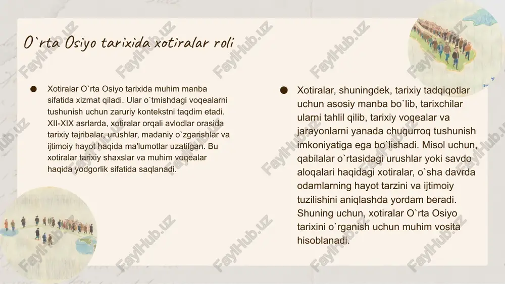 bdulla qodiriy va usmon nasir kabi adiblar o'z asarlarida o'z zamonasining ijtimoiy-siyosiy muammolarini yoritganlar. ularning xotiralari bugungi kunda ham o'rganish uchun qimmatli manba hisoblanadi. photo by cas holmes on unsplash xotiralar va ularning ahamiyati xotiralar tarixiy manba sifatida muhim ahamiyatga ega. ular o'tgan voqealar haqida tushuncha berib, tarixiy tadqiqotlar uchun zaruriy ma'lumotlarni taqdim etadi. xotiralar, insonlar va jamiyatlar tarixini shakllantiruvchi asosiy unsurlardan biridir. ular, o'z-o'zidan, o'tgan voqealar, urushlar, madaniyatlar va ijtimoiy o'zgarishlar haqida chuqur tushunchalar beradi. tarixiy tadqiqotlarda xotiralar, shaxsiy tajribalar va kollektiv xotiralar sifatida, muhim manba sifatida xizmat qiladi. masalan, o'rta osiyoda xii-xix asrlarda sodir bo'lgan voqealar, odamlar tomonidan saqlanib qolgan xotiralarda aks etadi. ushbu xotiralar, so'nggi tarixiy tadqiqotlar uchun asosiy ma'lumotlar sifatida foydalaniladi. xotiralar, shuningdek, tarixiy kontseptsiyalarni va jamiyatlarning rivojlanishini tushunish uchun zarur bo'lgan kontekstni taqdim etadi. o`rta osiyo xotiralari tahlili xotiralarning ahamiyati o`rta osiyo tarixida xotiralar o`ziga xos ahamiyatga ega. ular o`tmishdagi voqealarni, madaniyat va an'analarni saqlab …
