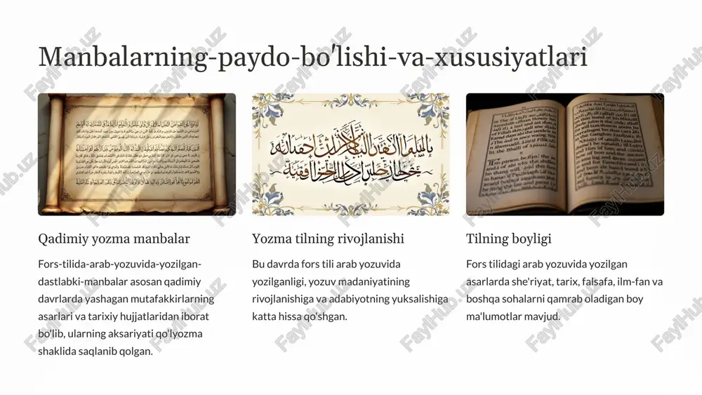 dastlabki manbalarni oʻrganishda mualliflarni aniqlash muhim ahamiyatga ega. baʼzi asarlarda muallifning ismi toʻliq koʻrsatilgan boʻlsa, boshqalarida faqat taxallus yoki laqab mavjud. koʻpgina hollarda, muallifni aniqlash uchun qoʻlyozmalarning tahlili va tarixiy manbalarning tahqigʻi talab etiladi. asarlar nomi fors tilida yozilgan asarlar nomi odatda mazmuni yoki muallifning xususiyatlarini aks ettiradi. baʼzi hollarda, asar nomi maʼlum bir davr yoki voqealarga bogʻliq boʻlishi mumkin. asar nomini aniqlash, uning mazmunini tushunishda muhim ahamiyatga ega. asarlar turi fors tilida yozilgan asarlar turli xil janrlarda boʻlgan: sheʼriyat, nasr, tarix, falsafa, diniy adabiyot va boshqalar. har bir janr oʻziga xos uslub va til xususiyatlariga ega boʻlgan. asarlar yaratilish davri asarlar yaratilish davrini aniqlash, ularning tarixiy konteksti va mazmunini tushunishda muhim ahamiyatga ega. bu ishda qoʻlyozmalarning tahlili, til va uslub xususiyatlarini oʻrganish, tarixiy manbalarning tahqigʻi ishlatiladi. 5 manbalarning mavzulari va mazmuni mavzu mazmun din va e'tiqod islom dinining asoslari, shariat qoidalari, ilohiy va diniy qadriyatlar, nasroniylik va yahudiylik haqida …