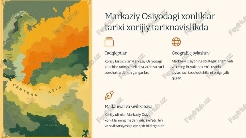 daniyati va tarixi bilan o‘zaro bog‘liqligi haqida yozishgan. xx asrning boshlari a.a.semenov, m.s.andreev, b.a.rybakov xonliklarning ichki siyosiy hayotini, ijtimoiy-iqtisodiy tuzilishini va madaniyatini chuqurroq o‘rganishga e’tibor berishgan; tarixiy manbalarni, jumladan, arxeologik topilmalarni tahlil qilish orqali xonliklarning o‘ziga xos xususiyatlarini aniqlashga harakat qilishgan. xx asrning ikkinchi yarmi a.g.preobrazhenskiy, v.v.trepavlov, l.n.gumilyov xonliklar tarixini kengroq geografik va tarixiy kontekstda, ya’ni buyuk ipak yo‘li va markaziy osiyoning tarixiy rivojlanishi bilan bog‘lab o‘rganishga e’tibor berishgan; xonliklarning madaniy va ilmiy yutuqlarini, shuningdek, mintaqaning siyosiy va iqtisodiy ahamiyatini ta’kidlashgan. 4 yevropa tarixnavisligida markaziy osiyodagi xonliklar tarixi yevropa tarixnavisligida markaziy osiyo xonliklari tarixi turli xil qarashlar va tadqiqot yo'nalishlarini aks ettiradi. xorijiy tadqiqotchilar tomonidan bu hududda olib borilgan ilmiy tadqiqotlar xonliklarning siyosiy, ijtimoiy va madaniy hayoti, shuningdek, mintaqaning mintaqaviy va global tarixdagi o'rnini aniqlashga qaratilgan. 18 asr markaziy osiyo xonliklariga oid dastlabki evropa manbalari xvii asrga to'g'ri keladi. evropa sayohatchilari va tadqiqotchilari o'sha davrda mintaqaga sayohat qilishni boshladilar. ularning …