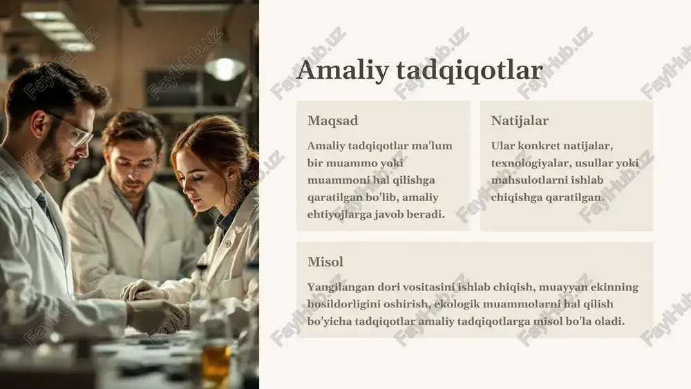 oiy munosabatlarni, siyosiy tizimlarni va boshqa ijtimoiy hodisalarni o‘rganishga qaratilgan. tadqiqot usullari ijtimoiy fanlar sohasida tadqiqotlar o‘tkazishda, keng qamrovli usullar, masalan, anketa, intervyu, kuzatish, statistik tahlil va tarixiy manbalarni tahlil qilish qo‘llaniladi. 6 gumanitar fanlar sohasi adabiyot she'riyat, nasr, drama, esse va boshqa adabiy janrlarni o'rganish, shuningdek, adabiy tanqid va tarixni o'z ichiga oladi. tarix o'tmishdagi voqealarni, madaniyatlarni va jamiyatlarni o'rganish. falsafa inson, hayot, olam va jamiyat haqida chuqur fikrlash va mulohaza yuritish. san'at musiqa, rasm, haykal, teatr, kino va boshqa san'at turlarini tahlil qilish va baholash. 7 tadqiqot davomiyligi qisqa muddatli bir necha hafta yoki oy ichida yakunlanadigan tadqiqotlar. o'rta muddatli bir necha oy yoki bir yil ichida yakunlanadigan tadqiqotlar. uzoq muddatli bir necha yil davom etadigan tadqiqotlar, odatda, katta miqyosli loyihalar bilan bog'liq. 8 tadqiqot miqyosi 1 mahalliy kichik mintaqa yoki tuman miqyosida o'tkaziladigan tadqiqot. 2 mintaqaviy bir necha tuman yoki viloyat miqyosida o'tkaziladigan tadqiqot. 3 global butun …