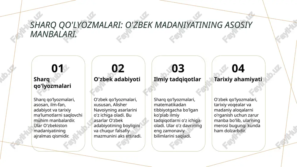 daniy meros sharq qo'lyozmalari, o'zbek madaniyatining ajralmas qismi sifatida, xalq an'analari, til va adabiy merosini saqlab qolishda asosiy rol o'ynaydi. o'zbek qo'lyozmalari va ularning zamonaviy tadqiqotlari. 1 o'zbek qo'lyozmalari o'zbek qo'lyozmalari, boy madaniy merosni o'z ichiga oladi. ular asosan qadimgi adabiyot, tarixiy, va ilmiy ishlanmalardan iborat. 2 zamonaviy tadqiqotlar o'zbek qo'lyozmalarini o'rganish zamonaviy tadqiqotlar yordamida yangi yo'nalishlar va metodologiyalarni qo'llash orqali rivojlanmoqda. 3 muammolar va yechimlar qo'lyozmalarni saqlash va o'rganishda muammolar mavjud. ularni saqlash uchun innovatsion texnologiyalar va xalqaro hamkorlik zarur. sharq qo'lyozmalari: sivilizatsiya taraqqiyotidagi muhim manba. sharq qo'lyozmalari tarixi sharq qo'lyozmalari, asosan, ix-xiv asrlarda yaratilgan bo'lib, ularning ko'plari ilm-fan va adabiyot sohalarida muhim o'rin tutadi. madaniy merosning ahamiyati ular, nafaqat o'z zamonasining bilimlarini saqlab qolgan, balki keyingi avlodlarga madaniy meros sifatida yetkazilgan. sivilizatsiya rivojiga ta'siri sharq qo'lyozmalari, jumladan, falsafa, tibbiyot va astronomiya sohalarida katta ta'sir ko'rsatib, jahon sivilizatsiyasining rivojiga hissa qo'shgan. qo'lyozmalarning madaniyat va tarixdagi ta'siri. 1 qo'lyozmalar va …