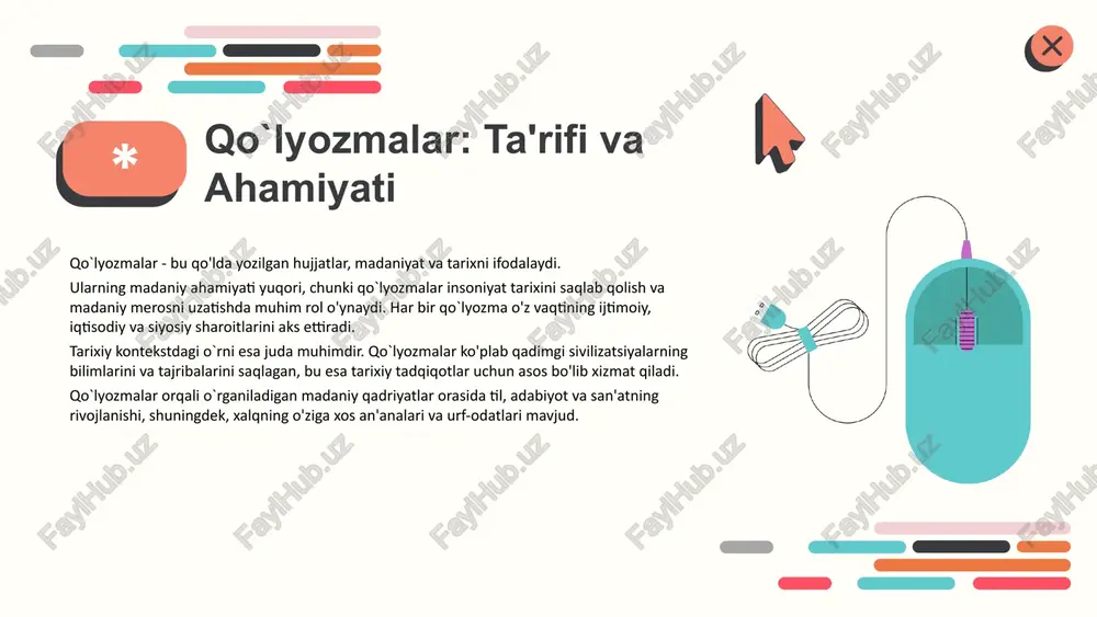 ozmalar: mavjud misollar 1. **alisher navoiy: "xamsa"** - bu asar, alisher navoiy tomonidan yozilgan besh ajdodiy dostonlardan iborat. u o`zbek adabiyoti va tilining rivojlanishiga katta hissa qo`shgan. 2. **bobur: "boburnoma"** - bu asar, bobur mirzo tomonidan yozilgan avtobiografik asardir. u o`zbekistonning tarixiy va madaniy merosini aks ettiradi. 3. **ibn sino: "tib qonunlari"** - bu asar, ibn sino tomonidan yozilgan tibbiyotga oid klassik asar bo`lib, u tibbiyot tarixida muhim o`rin egallaydi. 4. **shahrizor: "kulliyat"** - bu asar, o`zbek tilidagi eng qadimiy qo`lyozmalardan biri sifatida tan olinadi va o`z zamonasida mashhur bo`lgan ijodkorlar asarlarini o`z ichiga oladi. 5. **buyuk ipak yo`li: "dasturlar"** - bu qo`lyozma, buyuk ipak yo`lining rivojlanishi va savdo aloqalarini aks ettiradi. u tarixiy ahamiyatga ega bo`lib, o`sha davrga oid ma'lumotlarni o`z ichiga oladi. ushbu qo`lyozmalar o`zbekiston madaniyati va tarixini o`rganishda muhim manba hisoblanadi. ular orqali xalqning madaniy merosi va tarixiy jarayonlari to`g`risida chuqurroq tushuncha hosil qilish mumkin. qo`lyozmalar va …