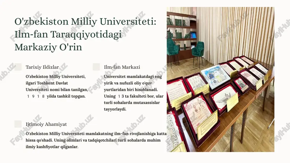 kultet xodimlari arxivlar, muzeylar va xususiy to'plamlarda olib borgan chuqur izlanishlari tufayli bir qancha yangi manbalar topilgan. arxivlarga kirish imkoniyati universitetning xodimlari o'zbekiston milliy arxivi, toshkent shahar arxivi, shuningdek, xorijiy arxivlarga kirish imkoniyatiga ega bo'lib, bu ularga tarixiy manbalarni o'rganishda keng imkoniyatlar yaratdi. bu esa, o'zbek xalqi tarixini yanada chuqurroq va batafsil o'rganish imkonini berdi. 5 manbashunoslikka oid ilmiy tadqiqotlar o'zbekiston milliy universiteti tarix fakulteti o'z ish faoliyatida manbashunoslikka oid ilmiy tadqiqotlarga alohida e'tibor beradi. fakultet professor-o'qituvchilari tomonidan o'tkazilgan tadqiqotlar o'zbekiston tarixini yorituvchi yangi manbalarni ochib berishga, shuningdek, mavjud manbalarni chuqurroq tahlil qilishga qaratilgan. tadqiqotlar natijasida qator monografiyalar, maqolalar, ilmiy to'plamlar chop etilgan, ularda o'zbekiston tarixining turli davrlariga oid muhim ma'lumotlar keltirilgan. fakultetning ilmiy tadqiqotlarga bo'lgan alohida e'tibori manbashunoslik fanining rivojlanishiga katta hissa qo'shmoqda. 6 o'zbekiston milliy universitetining tarixshunoslikka qo'shgan hissasi o'zbekiston tarixini yorituvchi yangi manbalarga e'tibor milliy universitet tarixchilarining ilmiy tadqiqotlari o'zbekistonning boy va murakkab tarixini yoritishga xizmat qildi. …