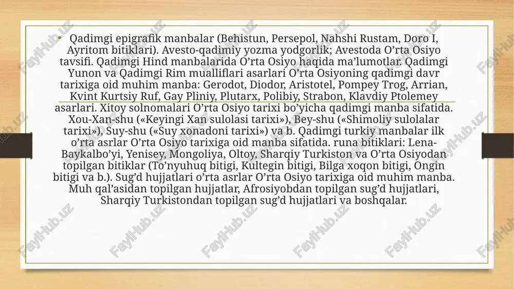 yozilgan dastlabki manbalar. arab yozuviga o’tish bosqichlari. forsiy matnlardagi xat turlari. xattotlik-kasb. forsiy yozma merosning ko’payib borishi. eng qadimgi forsiy qo’lyozmalar (islomga oid manbalar; turli fan sohalariga oid asarlar). bizgacha yetib kelgan forsiy yozma meros haqida (tarjimayi «tarixi tabari», hudud-ul-olam, jahonnoma, «zayn-ul-axbor» gardiziy asari; firdavsiy «shohnoma» va b.). arab yozuvidagi turkiy yozma meros. turkiy yozma merosning ko’lami. turkiy tillardagi yozma merosning shakl jihatdan tarkibi; nazmda yozilgan asarlar, islomga oid asarlar, tarjima asarlar (arab va forsiy tillardan), sharqlar. arab yozuvidagi turkiy qo’lyozma asarlarning miqdoriy ko’rsatkichlari (jahon qo’lyozma xazinalaridagi salmohi). turkiy qo’lyozmalarning mazmuniy tarkibi: tarix, xronologiya, yozishmalar, biografiya, shajara, geografiya, bibliografiya, astronomiya, entsiklopediya, meditsina, falsafa, etika, matematika va h.k. arab yozuvidagi turkiy qo’lyozmalarning tashqi belgilariga qarab bo’linishi. turkiy qo’lyozmalarni o’rganish: qutadqu bilik, tarixi muluki ajam, qur’on tafsiri, hissasi rabg’uziy, shayboniynoma, tavorixi guzida va b. sharq qo’lyozmalari xazinalari qo’lyozma asarlar tarixidan va ularning hududiy qamrovi. arab tilidagi yozma meros va uning tarqalishi. qo’lyozmalarning …