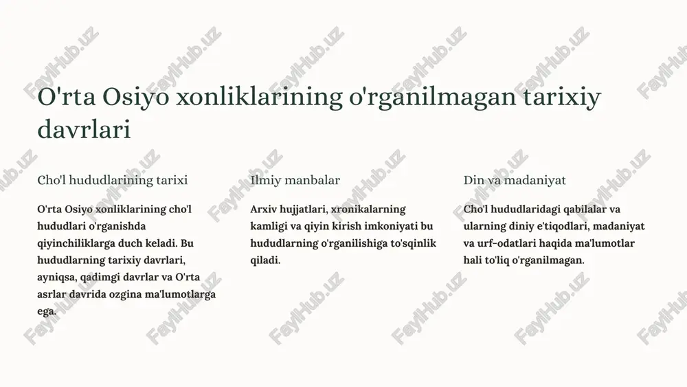 ining o'ziga xos madaniyati va tarixini aks ettiruvchi noyob davr sifatida qaraldi. 3 zamonaviy yondashuvlar hozirgi kunda o'rta osiyo xonliklarining tarixini o'rganishda xalqaro miqyosdagi ilmiy tadqiqotlar va zamonaviy usullar qo'llanilmoqda. tarixning ko'p qirrali va ob'ektiv ravishda o'rganilishiga urg'u berilmoqda. 4 mustaqillik yillarida tarixni o'rganishga yangi yondashuvlar 1 ko'p tarmoqli yondashuv mustaqillikdan keyin o'rta osiyo xonliklari tarixini o'rganishda tarix, arxeologiya, antropologiya, tilshunoslik kabi turli fanlarning birgalikda ishlashiga e'tibor qaratildi. bu yondashuv tarixni yanada chuqur va to'liqroq tushunishga imkon beradi. 2 manba tanqidi sovet davridagi tadqiqotlarda ishlatilgan manbalarni tanqidiy tahlil qilish va yangi manbalarni topish va o'rganishga e'tibor qaratildi. bu, o'tmish haqida yangi ma'lumotlar olish va tarixni o'rganishda ob'ektivlikka erishishga imkon beradi. 3 xalqaro hamkorlik o'rta osiyo xonliklari tarixini o'rganishda xalqaro hamkorlik muhim ahamiyatga ega bo'ldi. chet ellik olimlarning tajribasidan foydalanish va birgalikda tadqiqotlar olib borish tarixni global kontekstda tushunishga yordam beradi. 5 xorazmning o'rganilmagan tarixiy davrlari qadimgi xorazm o'rta osiyo tarixining …