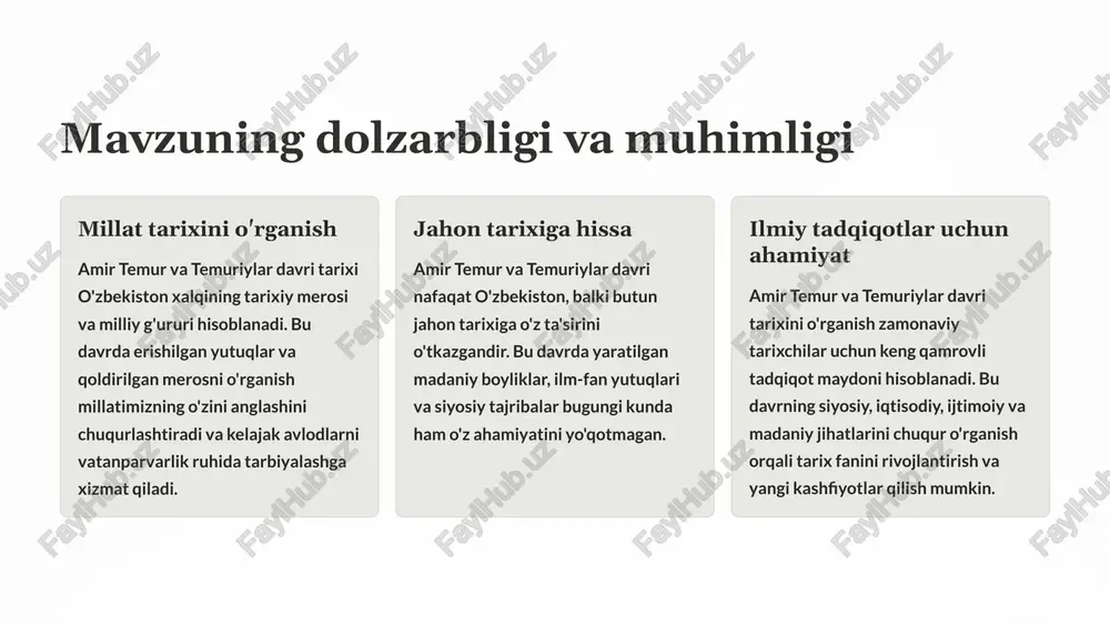 taraqqiyoti temuriylar davlatini markaziy osiyo madaniy markaziga aylantirdi. 4 manbaalar-va-ularning-tasnifi yozuvli manbaalar amir timur va temuriylar davri tarixini o'rganishda yozuvli manbaalar muhim rol o'ynaydi. bu manbaalar o'z ichiga oladi: amir timurning o'zi tomonidan yozilgan "tuzuklar" temuriylar davrida yashab o'tgan tarixchilarning yozuvlari, masalan, sharafiddin ali yazdi, nizomiddin shoh mahmud xorijiy sayohatchilar va elchilarning yozuvlari moddiy madaniyat yodgorliklari amir timur va temuriylar davri madaniyatini o'rganishda moddiy madaniyat yodgorliklari muhim rol o'ynaydi. bu manbaalar o'z ichiga oladi: me'moriy yodgorliklar, masalan, samarqanddagi registon maydoni, gur-emir maqbarasi hunarmandchilik buyumlari, masalan, gilamlar, kulolchilik buyumlari qadimiy qabristonlar va qazishmalar natijasida topilgan buyumlar ilmiy va ilmiy-texnik manbaalar amir timur va temuriylar davri fanini o'rganishda ilmiy va ilmiy-texnik manbaalar muhim rol o'ynaydi. bu manbaalar o'z ichiga oladi: ilmiy risolalar va traktatlar astronomiya, matematika, tibbiyot va boshqa sohalardagi qo'lyozmalar ilmiy-texnik qurilmalar va uskunalar 5 mustaqillik-yillarida amir timur va temuriylar tarixining o‘rganilishi o‘zbekiston mustaqillikka erishgandan so‘ng, amir timur va temuriylar tarixini …