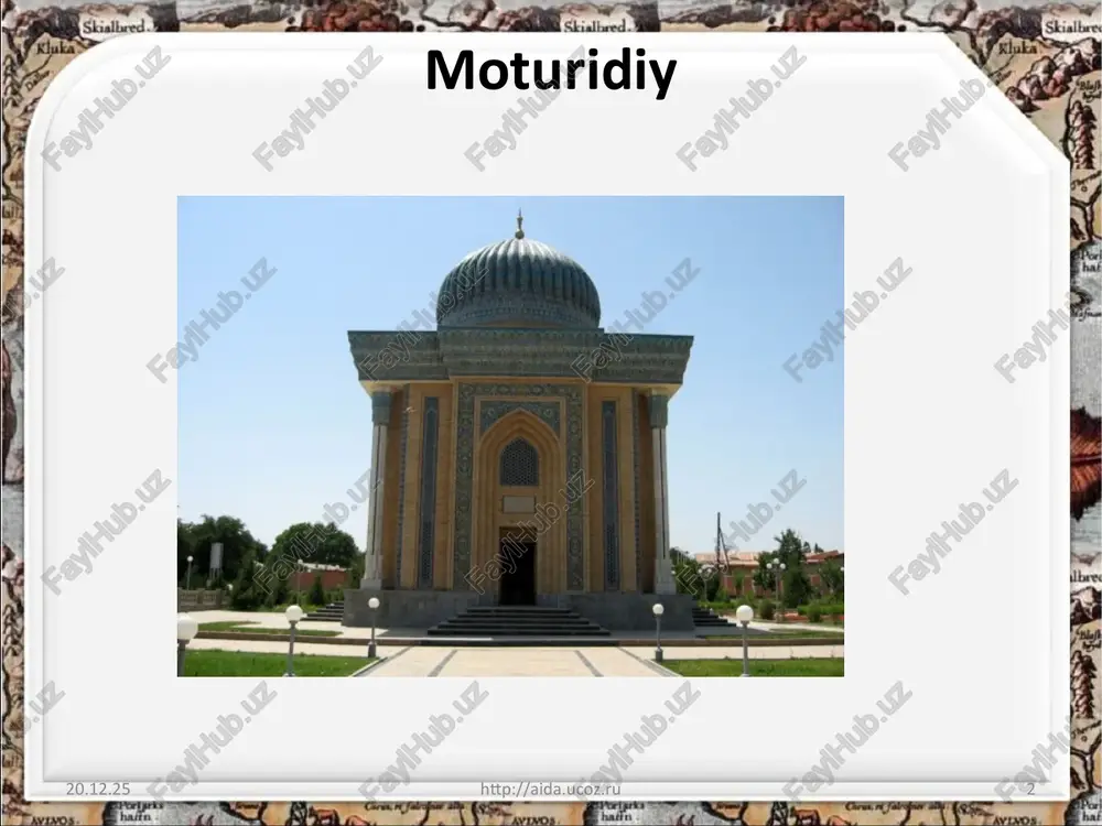 al-moturidiy va uning asarlari haqida ayrim ma'lumotlar beriladi. masalan, quyidagi asarlari nomlari keltirilgan: «kitabi tavhid», «kitab maqomat», «kitab rad avomil lil adila lil ka-biy» («ka'biy zalolatlarining boshlanishini rad qilishga bag‘ishlangan kitob»), «kitab bayon va hum ul-ma'tazila» («mu'tazila g‘avg‘olari va undan qo‘rqmaslik haqidagi kitob bayoni»), «kitab ta'vilot al-qur'on» («qur'on ta'vili kitobi»). hoji xalifaning (1609-1659) «kashf az-zunun an-asomil kutub va-l-funun» («kitob va fanlar nomlari haqidagi shubhalarni bartaraf etish kitobi») kitobida e'tirof etilishicha yana abu mansur al-moturidiyning «ma hazi ash-shari'a» («shariat asos-lari sarasi»), «kitab al-jadal» («dialektika haqida kitob») kabi asarlari ham bo‘lgan. bulardan tashqari al-moturidiyning «kitab al-usul» («diniy-ta'limot usuli kitobi») asari ham ma'lum. abu mansur al-moturidiyning ko‘p asarlari bizgacha yetib kelmagan, yetib kelganlari ham asosan xorijiy mamlakatlar kutubxona va qo‘lyozma fondlarida saqlanadi. al-moturidiy islom olamida juda nozik hisoblangan «kitab tavhid» — asari bizning davrimizga yetib kelgan va u 1970 yilda fathulloh xulif tomonidan bayrutda nashr etilgan. al-moturidiy ko‘p shogirdlar yetishtirdi, ular orasida islom …