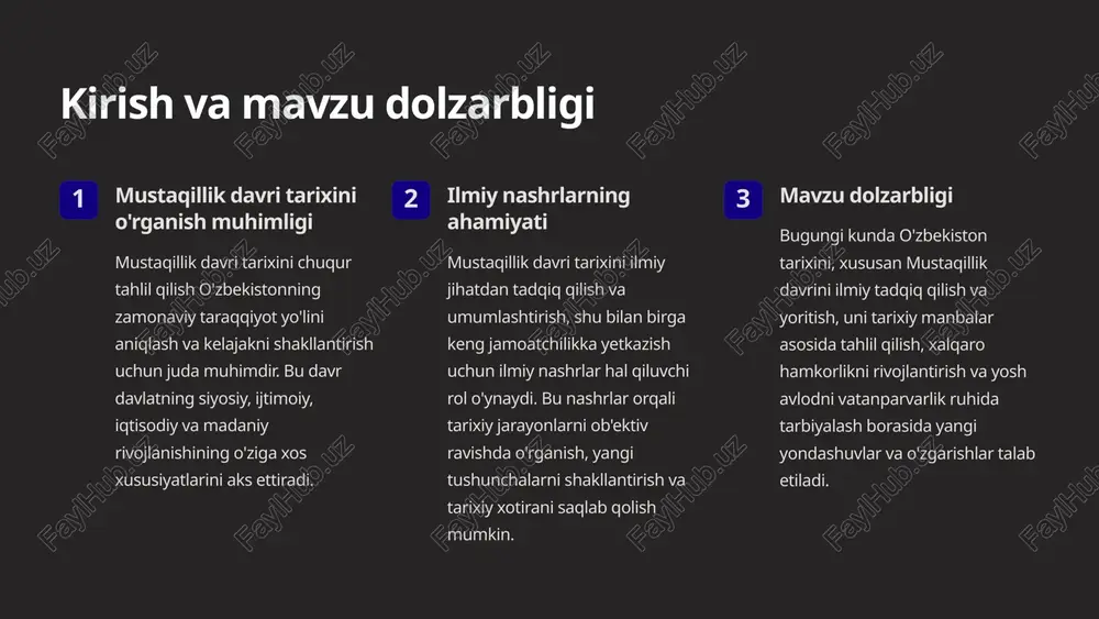 y tadqiqotlar ozbekiston mustaqillikka erishganidan so'ng, mamlakat tarixi va madaniyatini chuqur o'rganishga qaratilgan ilmiy tadqiqotlar sezilarli darajada kuchaydi. tarixiy manbalarni o'rganish, arxiv hujjatlarini tahlil qilish va arxeologik qazishmalar keng miqyosda amalga oshirildi. ilmiy jamoatchilik tarixiy voqealarni ob'ektiv va ilmiy jihatdan yoritishga harakat qilib, yangi tadqiqotlar va nashrlarni olib bordi. 4 tarixiy manbalardagi o‘zgarishlar mustaqillikdan keyin o‘zbekiston tarixini o‘rganishga bo‘lgan qiziqish ortdi va tarixiy manbalardan foydalanishda sezilarli o‘zgarishlar ro‘y berdi. avvalgi davrda cheklangan va siyosiy maqsadlarga xizmat qilgan manbalar o‘rniga, endi o‘zbek xalqining boy tarixini to‘liq aks ettiruvchi turli xil manbalarga e’tibor qaratilmoqda. bu o‘zgarishlar, birinchi navbatda, arxivlarning ochiqligi, tarixiy manbalarga erkin kirish imkoniyatining yaratilishi bilan bog‘liq. ilgari yopiq bo‘lgan arxivlar endi tadqiqotchilarga o‘z ishlarini olib borish uchun ochiq. bu esa tarixchilarga yangi dalillar va faktlarga asoslanib, o‘zbekiston tarixini chuqurroq o‘rganish imkoniyatini yaratmoqda. 5 yangi yondashuvlar va yoritilish tartiblari tarixiy jarayonlarni chuqur tahlil qilish mustaqillik yillarida o‘zbekiston tarixini yoritishda tarixiy jarayonlarni …