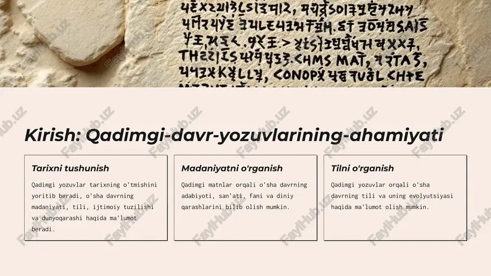 yaqin bo'lgan. 2 yozuv tizimi avesto-yozuvlari klinopis (cuneiform) yozuv tizimidan foydalanadi, bu fors tilida yozilgan qadimgi yozuv tizimi. 3 yozuv materiallari avesto-yozuvlari g'isht, tosh va metall singari turli xil materiallarga yozilgan. 4 qiymat avesto-va-persepol-yozuvlari qadimgi fors madaniyatini, tarixini va tilini o'rganish uchun muhim manbalar hisoblanadi. 5 epigrafika-va-qadimgi sharq madaniyatlari 1 yozuvlar-madaniyat-rivojining-asoslari epigrafika qadimgi yozuvlarni o'rganish orqali xalqlarning tarixi, madaniyati va tili haqida muhim ma'lumotlarni beradi. 2 madaniyat-va-tarix-haqidagi-ma'lumotlar-manbai qadimgi sharq madaniyatlari haqidagi ma'lumotlarning asosiy manbai, yozuvli yodgorliklar bo'lib, ular orqali xalqlarning ijtimoiy hayotini, dinini, san'atini va adabiyotini o'rganish mumkin. 3 ilmiy-tadqiqotlar-uchun-muhim-ahamiyatga-ega epigrafika qadimgi sharq madaniyatlari haqida chuqur bilim olishga imkon beradi, bu esa tarix, tilshunoslik va madaniyatshunoslik sohalarini rivojlantirishga hissa qo'shadi. 6 qadimgi xorazmda topilgan yozuvlar misr yozuvlari xorazm hududida topilgan qadimgi misr yozuvlari bu mintaqaning misr bilan qadimgi aloqalarini tasdiqlaydi. ushbu yozuvlar xudolarga bag'ishlangan ibodatxonalar va qabrlarda topilgan. avesto yozuvlari xorazm hududida topilgan avesto yozuvlari bu mintaqaning qadimgi eron madaniyati …