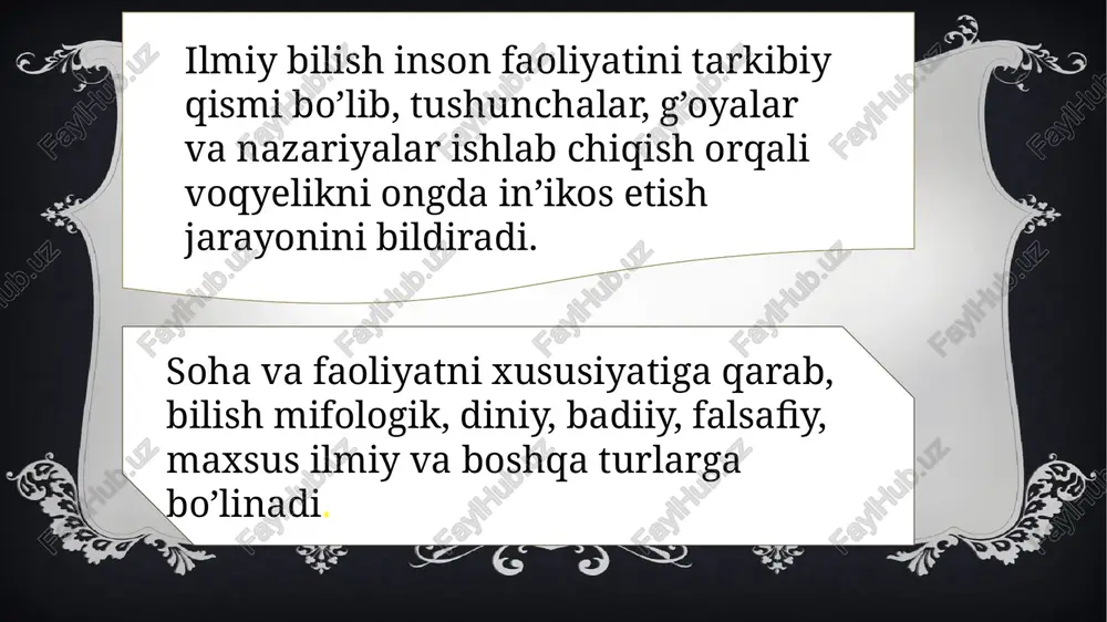 tijalarini muhokama qilish; -xulosa chiqarish,olingan natijalarni baholash. ilmiy tadqiqotning asosan ikki-empirik va nazariy izlanish darajalari mavjud. empirik yoki xissiy-tajribaviy bilish darajasida jonli mushohada, xissiy bilish birlamchi rol o’ynaydi. shu bilan birga xissiy bilish darajasidagi empirik izlanish faoliyati nazariy ko’rsatma yoki dasturiy tamoyillar tomonidan yo’naltiriladi, olingan ma’lumotlar qayta ishlanadi. tadqiqotchi xissiy bilish obyekti va jarayoniga «aql ko’zi» bilan qaraydi, faktlarni nazariy bilish doirasiga kiritadi. shunday bo’lsada, tadqiqotning boshlang’ich bosqichida xissiy-tajribaviy bilish ustuvor vazifa va muammo bo’lib qolaveradi. faktlarni yig’ish, ularni tafsilotini berish va birlamchi umumlashtirish, kuzatish va eksperimentdan olingan materiallarni tartibga solish, tasniflash va tavfislash empirik bilishning assiy belgilari hisoblanadi. empirik bilish darajasida tadqiq qilinayotgan obyektning tashqi belgilari, o’zgaruvchan xossalari, xissiy qabullash va jonli mushohada qilsa bo’ladigan xossalari va tomonlari in’ikos etiladi empirik bilish darajasida qo’llaniladigan usullar qatoriga asosan kuzatish, o’lchash, taqqoslash, tajriba va eksperiment o’tkazish, tasniflash kiradi. nazariy bilish darajasi. bu darajada tushuncha, tamoyil, aksioma, nazariya kabi tafakkur shakllari bilan …