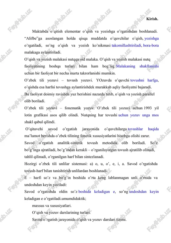 d o’rgatish jarayonida o’qish va yozuv darslari tizimi. oz komplektli maktablarda savod o’rgatish darslarining xususiyatlari. “alifbe” kitobi va unga qo’yiladigan talablar. savod o’rgatish davrida grammatik-orfografik mashqlar. savod o’rgatish davrida lisoniy bilimlar berish. savod o’rgatish davrida nutq o’stirish. savod o’rgatish davrida o’qish va yozuv darslari dars ta’limning asosiy shakli hisoblanadi. savod o’rgatish darslari xilma-xil bo’lishiga qaramay o’qish yoki yozuv darslari va ularning ayrim turlari uchun umumiy bo’lgan asosiy talablar mavjud. bu o’rinda umumdidaktik talablardan so’rab aniqlanadi. so’ngra ona tili darslariga qo’yiladigan talablar sanab ko’rsatiladi. o’quvchilar nutqi uchun qayg’urish. darsda adabiy til nuqtai nazaridan to’g’ri, ifodali, obrazli, aniq, logik nutq eshittirish. darsda nutq madaniyati hukmron bo’ladi. o’qish va yozuv ko’nikma malakalarini shakllantirish mashqlari darsda etakchi o’rinni egallab taxminan, darsning 3\2 qismiga to’g’ri kelishi lozim. har bir o’qish va yozuv darsida “alifbe”dagi matnlar bilan bir qatorda q.muhammadiy, p.mo’min, a.obidjon kabi sevimli bolalar shoiri va yozuvchilari asarlaridan namunalar tanlanadi. shunday qilib, o’qish sinfdan tashqari …