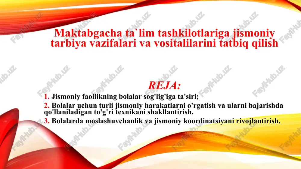 smoniy tarbiya mashqlari, chiniqtirish tadbirlari; b) har kungi tartibdagi jismoniy tarbiya – sog‘lomlashtirish ishlari; g) ko‘ngilochar,faol dam olish; d)bolalar turizmi, jismoniy tarbiya bayramlari, bog‘chadagi saloamtlik kunlari, ta’tillar; e)bolalarning erkin, mustaqil harakat faoliyati; maktabgacha ta’lim tashkilotlarida bolalarning harakat faoliyatini tashkil etishning turlariga quyidagilar kiradi: ilk yoshdagi, ya’ni, uch yoshdagi bolalar guruhida asosiy shakli jismoniy mashqlar bilan individual, yakka tartibda shug‘ullanish hisoblanadi. bularga - gimnastika, massaj, harakatli o‘yinlar kiritishimiz mumkin. ertalabki gimnastika va jismoniy tarbiya mashg‘ulotlari kichik guruh tarbiyalanuvchilarining barchasida birdik o‘tkaziladi. biroq kichik guruh bolalarining har birining yosh va psixofiziologiyasi xususiyatlarga mos bo‘lgan mashqlar bajartiriladi. qolgan guruhlarda ham shu xususiyatlar inobatga olingan holda ertalabki gimnastika mashqlari olib boriladi mash’ulotlar davomida o‘tkaziladigan, jismoniy tarbiya daqiqalari bolalar bog‘chalarining katta guruhlarida ko‘proq muhim ahamiyatga ega bo‘ladi.bunday daqiqalar har doim aqliy faoliyat uyg‘otuvchi – elimentar matematika, nutqni o‘stirish, savodga o‘rgatish, ikkinchi tilni o‘rganish bo‘yicha frantal mashg‘ulotlarga va bolalarning dam olishi hamda ish qobiliyatini tiklash va …