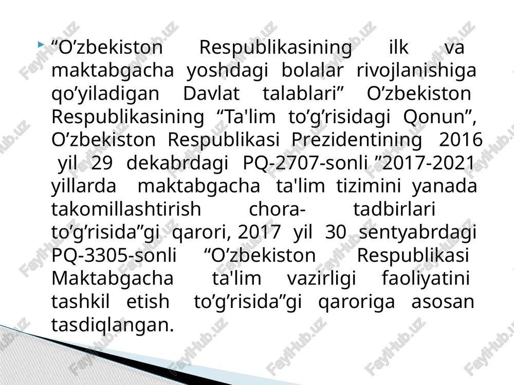 refleksif faoliyat. ijodiy rivojlanish. -dunyoni badiiy tasavvur etish. -badiiy ijodiy qobiliyatlar. davlat talablari majburiy bo’lib, 4-chi bobida “davlat talablari buzilishida aybdor bo’lgan shaxslar qonun xujjatlarida belgilangan tartibda javobgar bo’ladi” deb belgilab qo’yilgan.tarbiyachilar bolalarni rivojlanishini davlat talablari asosida kuzutuvni olib boadi va bolalar bilim ko’nikmalarini baxolab boradilar. e’tiboringiz uchun raxmat image1.jpeg /docprops/thumbnail.jpeg licva maktabgache bola mwajanishiga qo'yladigan ‘davia talablart va dasatdasturida jsmoniytrbia, ‘masaalrining yori reje: davlat talablarining vazifaae + 2. davlat talablariasosidagi yosh daveari bosgichlar!, » 3. davlat tal riojlanish sohalari