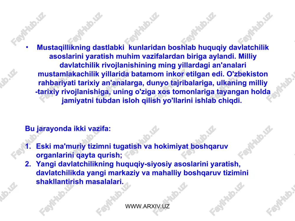 alaridan meros tarzda saqlab qolingan, yagona sistemalashtirilgan konstitusiya yo'q. akshda atiga 6 ta moddadan iborat bo'lgan 1787 yilda qabul qilingan konstitusiya milliy davlatchilik asoslariga sadoqat ramzi sifatida saqlanib qolingan. 26 ta qo'shimcha va o'zgartishlar bilan hozirgi kunda ham amal qilib kelmoqda. boshqa demokratik davlatlar uchun xos bo'lgan maxsus konstitusion organi yuq. davlat boshqaruvining prezidentlik respublikasi shaklidagi davlatlar ichida faqat akshdagina prezident bevosita saylovchilar tomonidan saylab qo'yilmasdan, balki saylovchilarning maxsus kollegiyasi orqali saylanadi. yaponiyada imperatorga xalqning sadoqati juda kuchli. imperator hokimiyati daxlsiz va muqaddas deb tan olingan www.arxiv.uz www.arxiv.uz www.arxiv.uz www.arxiv.uz o'zbekistonda ham davlat boshqaruvi shakli, hokimiyat vakolatlarini taqsimlashda xuddi mana shunday milliy an'analarga katta e'tibor berildi. o'zbekiston respublikasi konstitusiyasining 11 moddasi: «o'zbekiston respublikasi davlat hokimiyatining tizimi - hokimiyatning qonun chiqaruvchi, ijro etuvchi va sud hokimiyatiga bo'linish prinsipiga asoslanadi» (o'zbekiston respublikasi konstitusiyasi.-toshkent: o'zbekiston,1992 yil.),-deyiladi. konstitusiya mazmunidan ko'rinib turibdiki, davlat hokimiyatida vakolatlar turli davlat organlariga, chunonchi, qonunchilik vakolatlari oliy majlisga, ijro vakolatlari …