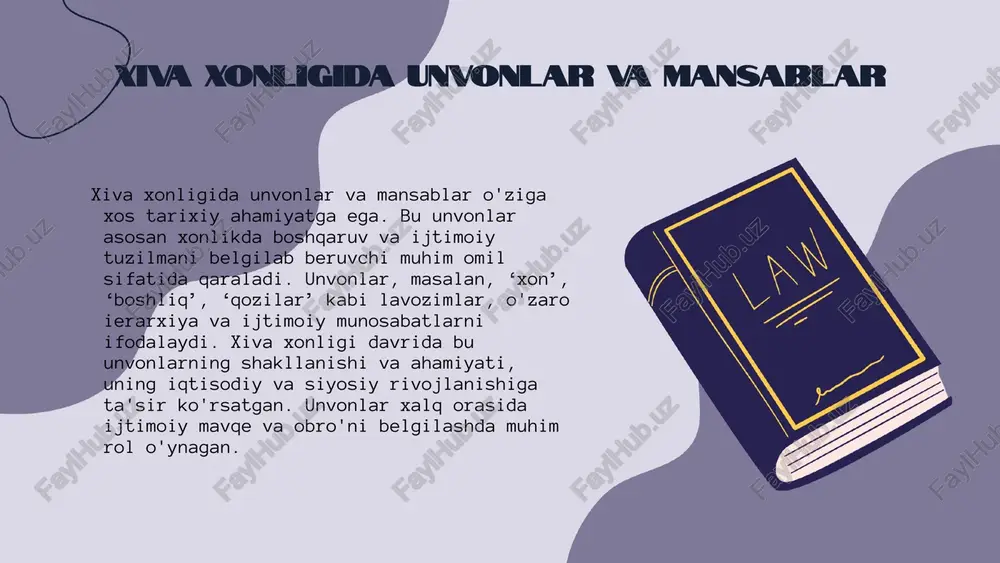 imoiy strukturalarni shakllantiradi. tarixiy misollar xiva xonligida unvonlar orqali o'zaro munosabatlar va hokimiyatning qanday taqsimlangani haqida misollar keltirish mumkin. xiva xonligidagi mansablar mansablarning ahamiyati xiva xonligida turli mansablar davlat boshqaruvi va jamiyatda muhim rol o'ynagan. har bir mansab o'ziga xos vazifalar va mas'uliyatlarga ega bo'lib, bu esa mamlakatning ichki va tashqi siyosatida muhim ahamiyatga ega. mansablar xilma-xil ijtimoiy qatlamlarni ifodalaydi va ularning o'zaro munosabatlari davlatning barqarorligini ta'minlashda muhim omil hisoblanadi. mansablar orasidagi farqlar xiva xonligida mansablar o'rtasida farqlar mavjud bo'lib, bu farqlar ularning ijtimoiy roli, vakolatlari va mas'uliyatlari bilan bog'liq. masalan, xon, bek, va boshqa mansabdor shaxslar o'rtasida ijtimoiy maqom va davlat boshqaruvidagi o'rinlari aniq belgilangan. bu farqlar, shuningdek, xalqning hayotida qanday rol o'ynashini va davlat siyosatining qanday amalga oshirilishini belgilaydi. unvonlar va mansablarning ijtimoiy roli unvonlar va mansablar ijtimoiy hayotda muhim rol o'ynaydi. ular odamlarning jamiyatdagi o'rnini belgilaydi va ijtimoiy munosabatlar tizimida muhim ahamiyatga ega. - unvonlar va mansablar …
