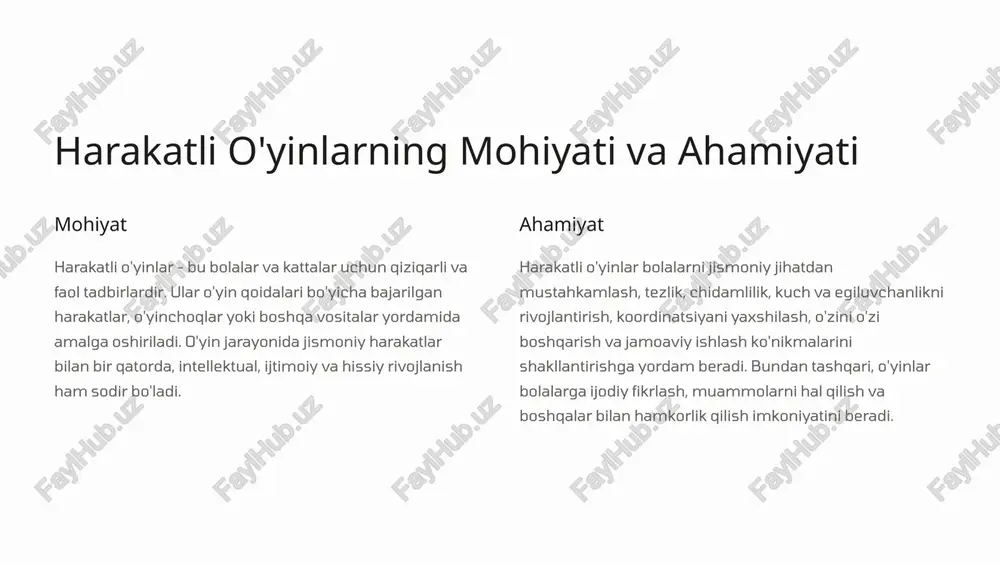 anish va hokazo. maqsadga qarab o'yinlar mos ravishda tanlanishi kerak. 3 harakatli o'yinlarning jismoniy rivojlantiruvchi xususiyatlari kuch harakatli o'yinlar bolalarning mushaklarini mustahkamlashga yordam beradi. bu esa jismoniy faollik va sport bilan shug'ullanish uchun asos bo'ladi. tezlik o'yinlar bolalarning tezligini oshiradi. tezlik esa sportda muhim omil hisoblanadi va turli vaziyatlarda tezkorlikni ta'minlaydi. chidamlilik harakatli o'yinlar bolalarning chidamliligini oshiradi. bu esa jismoniy mashqlarni uzoq vaqt davomida amalga oshirishga yordam beradi. egiluvchanlik o'yinlarda qatnashish bolalarning egiluvchanligini oshiradi. egiluvchanlik esa harakatlarning aniqligi va shikastlanishlarning oldini olishga yordam beradi. 4 harakatli o'yinlarning intellektual va ma'naviy tarbiyaviy ahamiyati 1 qaror qabul qilish harakatli o'yinlar bolalarni tezkorlik bilan qaror qabul qilishga o'rgatadi. bu esa muammolarni hal qilishda va o'z hayotlarida to'g'ri qarorlar qabul qilishda yordam beradi. 2 strategik fikrlash o'yinlar bolalarning strategik fikrlash qobiliyatini rivojlantiradi. ular turli vaziyatlarda eng yaxshi variantni tanlashni o'rganadilar. 3 hamkorlik jamoaviy o'yinlar bolalarni boshqalar bilan hamkorlik qilishga o'rgatadi. bu esa jamoaviy ish …