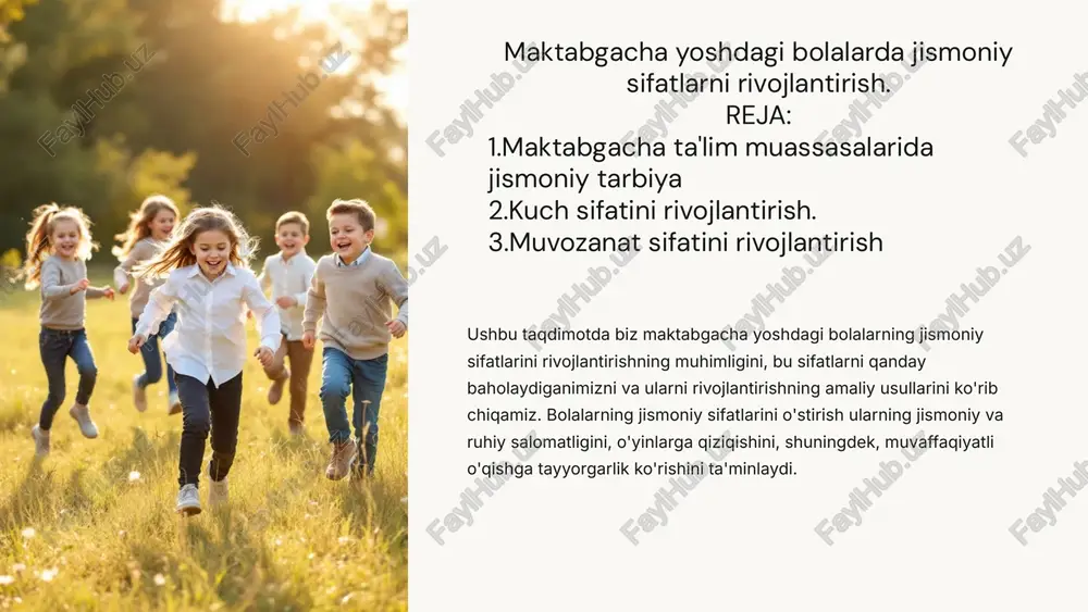 maxsus tayyorlangan tortish moslamalaridan foydalanib, bolalarni tortishish mashqlarini bajarishga rag'batlantirish. chiqish mashqlari tosh devorlarga chiqish, arqon bo'ylab chiqish, pog'onalar yoki zinapoyalarga chiqish. 5 tezkorlik sifatini rivojlantirish 1 qisqa masofaga yugurish turli qisqa masofalarga yugurish musobaqalari o'tkazish, masalan, 10-20 metr masofaga. 2 tezkor reaksiya o'yinlari masalan, "signal" o'yini, unda bolalar ma'lum bir signalga qarab tezkor reaksiya ko'rsatishlari kerak. 3 tezlikka yo'naltirilgan o'yinlar tezlikni talab qiladigan o'yinlar, masalan, "qo'lga olish", "yashirish", "o'yinchoqni tezroq olib kelish" kabi o'yinlar. 6 chidamlilik sifatini rivojlantirish uzoq masofaga yurish bolalarni uzoq masofalarga yurishga undaydigan o'yinlar, masalan, "sayohat", "o'rmonga sayohat" kabi o'yinlar. yugurish uzoq vaqt yugurishga o'rgatish, masalan, bolalarni yo'l bo'ylab yugurishga rag'batlantirish, ularni o'zlariga yoqqan qahramonlarni tasavvur qilishlari mumkin. sport o'yinlari bolalarni futbol, basketbol, badminton kabi sport o'yinlariga jalb qilish, bu ularning jismoniy faollik darajasini oshiradi. 7 egiluvchanlik sifatini rivojlantirish 1 cho'zish mashqlari bolalarni tanasini cho'zishga o'rgatish, masalan, qo'llarni yuqoriga ko'tarish, oyoqlarni cho'zish, tanani oldinga va orqaga …