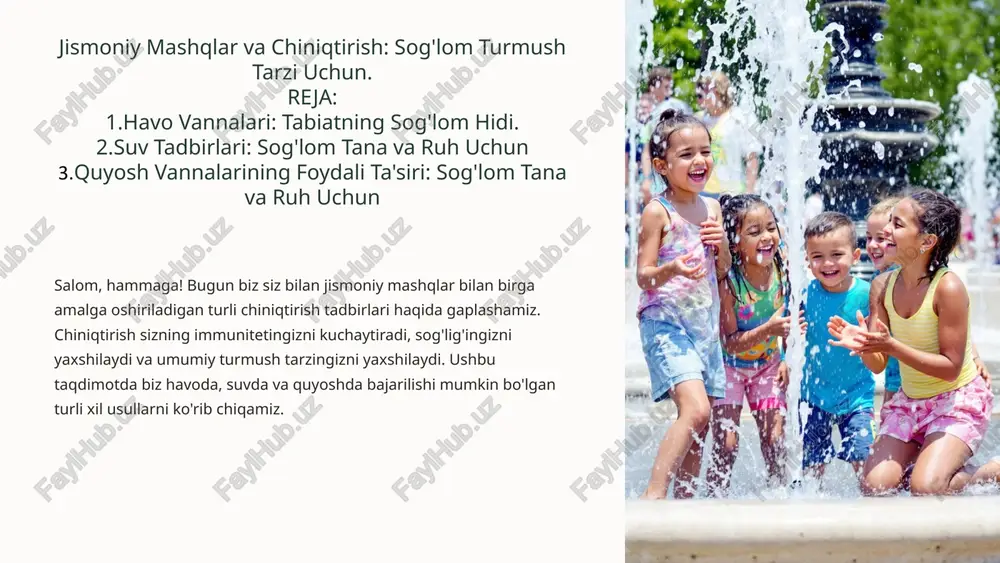 dagi joylar juda mos keladi. kiyim qatlamli kiyinish, ob-havo o'zgarishiga moslashishga imkon beradi. kiyimlar yengil va nafas oladigan bo'lishi kerak. 5 suv tadbirlari: sog'lom tana va ruh uchun suzish suzish yurak-qon tomir tizimini mustahkamlaydi, mushaklarni kuchaytiradi va bo'g'imlarga yuklamani kamaytiradi. dush sovuq dush qon aylanishini yaxshilaydi, immunitetni kuchaytiradi, charchoqni ketkazadi va kayfiyatni ko'taradi. vannalar issiq vanna stressni kamaytiradi, mushaklarni bo'shashtiradi va uxlash sifatini yaxshilaydi. 6 suv tadbirlarining ahamiyati: sog'lik va go'zallik uchun 1 immunitetni mustahkamlash suv tananing haroratini tartibga soladi va immunitetni kuchaytiradi. sovuq dush yoki suvda cho'milish immunitetni kuchaytiradi. 2 qon aylanishini yaxshilash suv tanadagi qon aylanishini yaxshilaydi, bu esa hujayralarni kislorod bilan to'yintiradi va metabolizmni tezlashtiradi. 3 stressni kamaytirish suv tanadagi stress gormonlarini kamaytiradi, charchoqni ketkazadi va ruhiy holatni yaxshilaydi. issiq vanna stressni engishga yordam beradi. 7 suv tadbirlarini amalga oshirishning qoidalari bosqichma-bosqich avval iliq suv bilan boshlang, so'ngra asta-sekin suvning haroratini pasaytiring. organizmingizni sovuqqa asta-sekin o'rgatish muhim. …