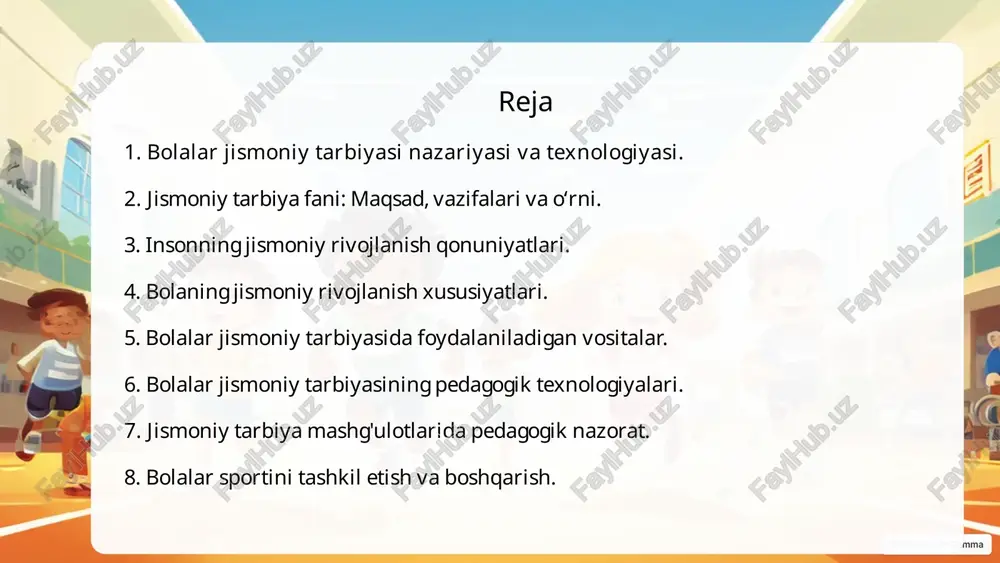 irlik yoshigacha bo'lgan davr. 2 rivojlanish jismoniy o'sish bilan birga, harakatlanish va boshqa funksiyalarni rivojlanishi. 3 shakllanish kuch, chidamlilik, tezlik kabi jismoniy xususiyatlarning shakllanishi. inson jismoniy rivojlanishi murakkab, ketma-ket bosqichlardan iborat jarayon bo'lib, o'sish va rivojlanish davriyligi, qobiliyatlar rivojlanishining o‘ziga xos xususiyatlari, jismoniy qobiliyatlarning o'zaro bog'liqligi kabi qonuniyatlarga bo'ysunadi. ushbu qonuniyatlarni bilish bolalar jismoniy tarbiyasini samarali tashkil etish uchun juda muhimdir. 5 bolaning jismoniy rivojlanish xususiyatlari 1 bolalar tez o'sib, harakat qilish qobiliyatlari jadal rivojlanadi. jismoniy faollik va o'yin bu davrda muhim ahamiyat kasb etadi. 2 o'yin orqali bolalar o'rganadi va ijtimoiylashadi, muloqot, hamkorlik, qoidalarga rioya qilish va to'g'ri xulq-atvorni o'rganadi. 3 jismoniy qobiliyatlar yoshga bog'liq ravishda rivojlanadi. har bir yosh davri o'ziga xos xususiyatlarga ega bo'lib, buni hisobga olish juda muhim. 6 bolalar jismoniy tarbiyasining asosiy tamoyillari 1 individuallik har bir bola o'ziga xos jismoniy xususiyatlarga va qobiliyatlarga ega bo'ladi. jismoniy tarbiya jarayonida bu o'ziga xosliklarni hisobga olish kerak. …