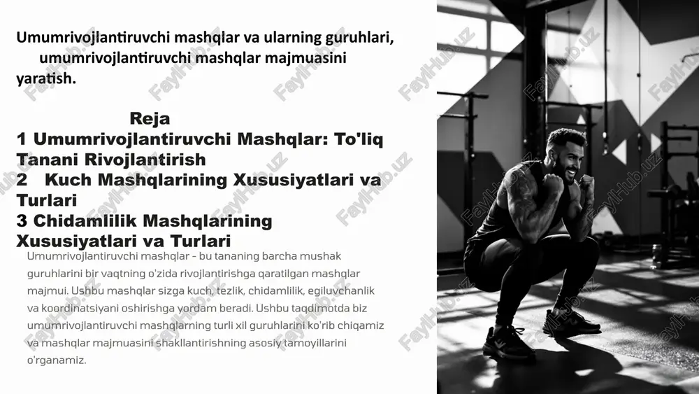 turli xil variantlari mavjud. deadlifts deadlifts butun tananing kuchini oshirishga qaratilgan va orqa, oyoq va qo'llarning mushaklarini ishga tushiradi. 4 tezlik mashqlarining xususiyatlari va turlari 1 sprint qisqa masofalarni maksimal tezlikda yugurish. 2 sakrash turli xil sakrash turlari reaktsiya vaqti, tezlik va kuchni rivojlantirishga yordam beradi. 3 to'pni uloqtirish to'pni aniq va tez uloqtirish tezlik va koordinatsiyani rivojlantiradi. 5 chidamlilik mashqlarining xususiyatlari va turlari yugurish yugurish kardio mashqining eng mashhur turlaridan biri bo'lib, uzoq vaqt davomida harakat qilish qobiliyatini oshiradi. velosiped haydash velosiped haydash ham yugurishga o'xshab, chidamlilikni oshiradi. suzish suzish - bu bo'g'imlarga bosim o'tkazmaydigan, chidamlilikni rivojlantirish uchun yaxshi tanlov. 6 egiluvchanlik mashqlarining xususiyatlari va turlari 1 cho'zish mashqlari cho'zish mashqlari mushaklarning egiluvchanligini oshirishga qaratilgan va turli xil usullar bilan amalga oshiriladi. 2 yoga yoga mushaklarni cho'zish, balandlik va muvozanatni oshirish bilan bir qatorda, ruhiy tinchlikni ta'minlaydi. 3 pilates pilates - bu tananing egiluvchanligini oshirish, mushaklarni kuchaytirish va muvozanatni …