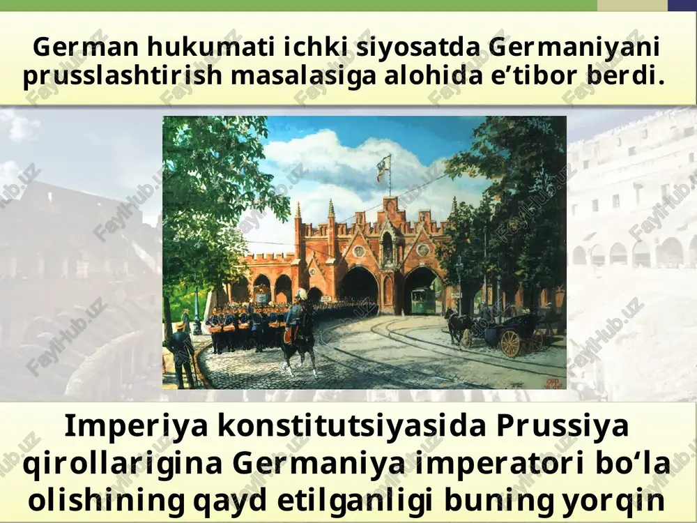 yerlarning 25% ga yaqini yunkerlar (katta yer egalari) qo‘lida to‘plangan edi. germaniya qanchalik gurkirab rivojlanmasin, bu mamlakat ishchilari aqsh va buyuk britaniya ishchilariga nisbatan kam ish haqi olardi. 1912-yilgi parlament saylovida bu partiya 34,8% ovoz olishga muvaffaq bo‘ldi. bu muvaffaqiyat hukumatni ham yon berishga majbur etdi. gsdpning parlament yo‘li bilan kurash taktikasining asosida jamiyatdagi dolzarb, asosiy muammolarni islohot yo‘li bilan hal etish maqsadi yotar edi. savol va topshiriqlar 1. „germaniyani prusslashtirish“ iborasining mazmunini izohlab bering. 2. germaniya sotsial-demokratik partiyasi kimlarning manfaatini himoya qilgan va bu partiyaning siyosiy kurashida namoyon bo‘lgan ikki yo‘l haqida nimalarni bilib oldingiz? 3. gsdp mehnatkashlar manfaati uchun kurash yo‘lida qanday muvaffaqiyatlarga erishdi? image2.jpg image3.jpeg image4.jpeg image5.jpeg image6.jpeg image7.jpeg image8.jpeg image9.jpeg image10.jpeg image11.jpeg image12.jpeg image13.jpeg image14.jpeg image15.jpeg image16.jpg image1.jpg slee ma ie ail shaded ead 3acedanue 4-ii ocydapcmeennott dye 6 tagpureckom deopye. 19 utona 1915 2. lempoepad. pomoepag k. k. byana. /docprops/thumbnail.jpeg