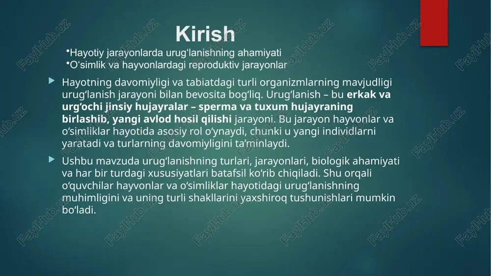 vonlar: inson, sigir, qush, qo‘y; o‘simliklar: gulli o‘simliklar sperma hujayra tuxum hujayraga ichkarida yetib boradi; urug‘ xavfsiz joyda hosil bo‘ladi urug‘ning rivojlanish ehtimoli yuqori; tashqi muhitning salbiy ta’siri kam; populyatsiya barqarorligi saqlanadi urug‘lanish uchun mos sharoit bo‘lmasa, muvaffaqiyat past bo‘lishi mumkin; tashqi changlanish yoki transport orqali genetik xilma-xillik cheklanishi mumkin tashqi urug‘lanish tashqi muhitda: suv, shamol, hayvonlar orqali baliqlar, amfibiya (salamandra, kurbaqa), ba’zi suv va quruqlik o‘simliklari tuxum va sperma tashqi muhitga chiqariladi; pollinatsiya yoki urug‘lanish tashqi sharoitda sodir bo‘ladi ko‘p miqdorda urug‘ hosil bo‘ladi; ayrim turlarda tez ko‘payish imkoniyati urug‘larning ko‘pi nobud bo‘ladi; xavf va omadsizlik yuqori; moslashuvchanlik tashqi muhitga bog‘liq ichki urug‘lanish tabiatda hayvonlarda ko‘proq uchraydi misol: sut emizuvchi hayvonlar ichki urug‘lanish – bu o‘simliklar va hayvonlarda urug‘lanish jarayoni tana ichida yoki gulning urug‘donida sodir bo‘lishini anglatadi. bu jarayonda sperma hujayra va tuxum hujayra tana ichida uchrashadi, shuning uchun urug‘lanish tashqi muhit ta’siriga kamroq bog‘liq bo‘ladi. xususiyatlari va …