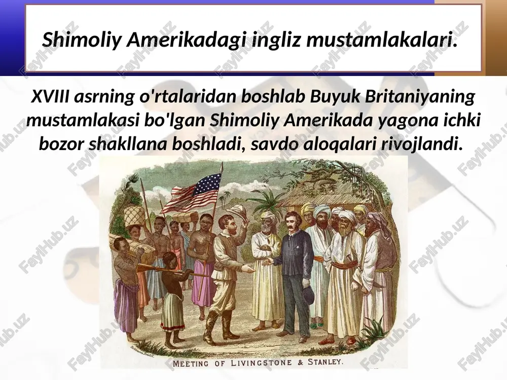 . shu tariqa mustaqillik uchun urush boshlandi. jorj vashington mustaqillik deklaratsiyasi. 1776- yilning 4- iyulida e'lon qilingan bu hujjat «mustaqillik deklaratsiyasi» deb ataldi. deklaratsiya yangi davlat - amerika qo'shma shtatlarining tuzilganligini butun dunyoga ma'lum qildi. urushning tugallanishi. 1782- yilda amerika va fransiya qo'shinlari buyuk britaniya asosiy kuchlarini taslim etdi. natijada buyuk britaniya qiroli hukumati muzokaralar boshlashga majbur bo'ldi. shu tariqa urush tugadi. aqsh konstitutsiyasining qabul qilinishi. 1787- yili filadelfiya shahrida mamlakat shtatlari vakillarining ta'sis konventi chaqirildi. uning ishida barcha shtatlardan saylangan 55 nafar vakil qatnashdi. 1787- yilda aqsh konstitutsiyasi qabul qilindi. ular aqsh konstitutsiyasini tayyorlash ishini nihoyasiga yetkazishlari lozim edi. davlat tuzumi. konstitutsiya aqshda respublika tuzumini o'rnatdi. ijro etuvchi hokimiyatni 4 yil muddatga saylanadigan prezident boshqaradigan bo'ldi. 1789- yilda jorj vashington aqshning birinchi prezidenti etib saylandi. oliy qonun chiqaruvchi hokimiyatning ikki palatali kongress tomonidan amalga oshirilishi belgilandi. yuqori palata «senat», quyi palata esa «vakillar palatasi» deb ataldi. senatga har bir …