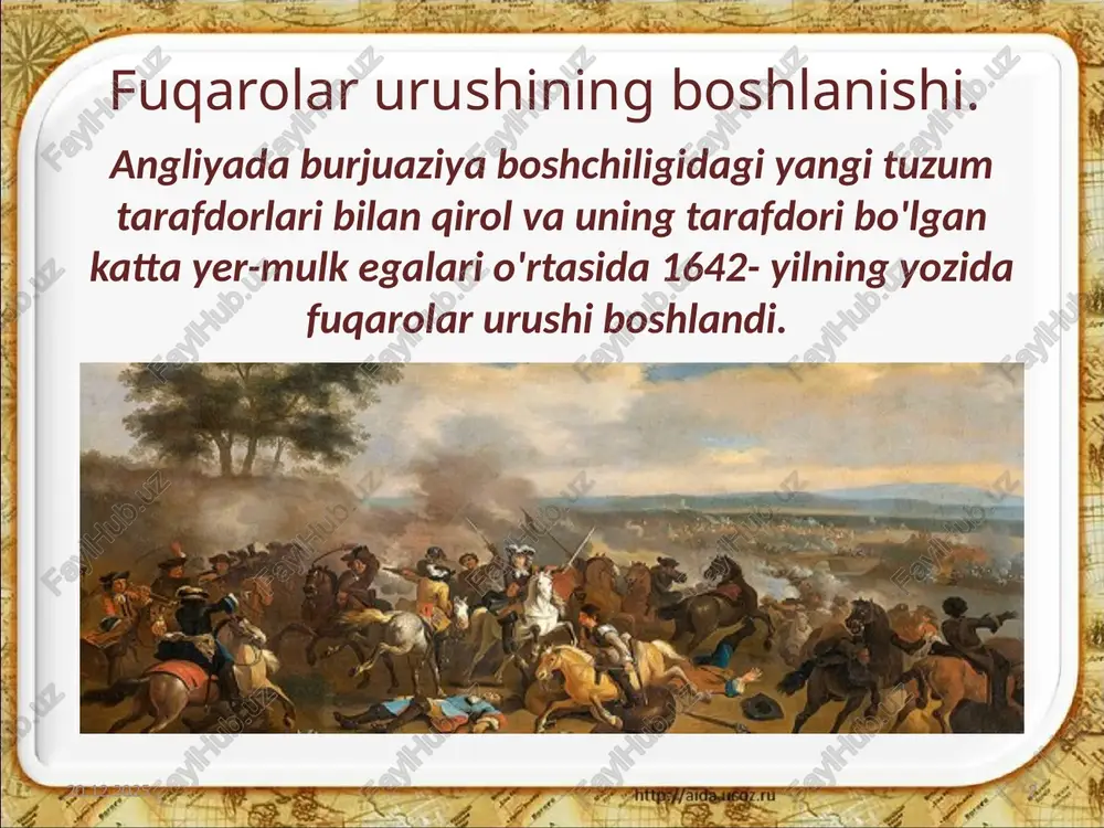 ing xohish-istagi bilan kromvel parlamentni tarqatib yubordi va butun hokimiyatni o'z qo'liga oldi. bu esa amalda davlat to'ntarishi edi. kromvel avvalgi parlamentning yangi dvoryanlar va burjuaziya manfaatlarini himoya qiluvchi barcha qarorlarini tasdiqladi. 14.03.2025 10 kromvel vijdon erkinligini ham e'lon qildi. bu uning eng katta xizmatlaridan biri edi. chunonchi, 1654- yilda dengiz savdosidagi asosiy raqib-gollandiyaning mag'lubiyatga uchratilishi, keyinchalik ispaniya ustidan ham g'alaba qozonishi buning yorqin dalillari bo'ldi. 14.03.2025 11 kromvelning tashqi siyosati ham hukmron tabaqa manfaatiga to'la mos keldi. 1688- yilgi saroy to'ntarishi. 14.03.2025 12 1658- yilda kromvel vafot etdi. uning o'limidan ikki yil o'tgach respublika tuzumi ham barham topdi. 1660- yilda monarxiya qayta tiklandi. taxtga qatl etilgan qirol karl i ning o'g'li karl ii o'tqazildi. karl ii 1685- yilda uning ukasi yakov ii taxtni egalladi. u mamlakatda katolik dinini tiklashga kirishdi. 14.03.2025 13 bu esa aholi o'rtasida keskin norozilikni vujudga keltirdi. yakov ii 1688- yilda vilgelm iii oranskiy o'z qo'shini …