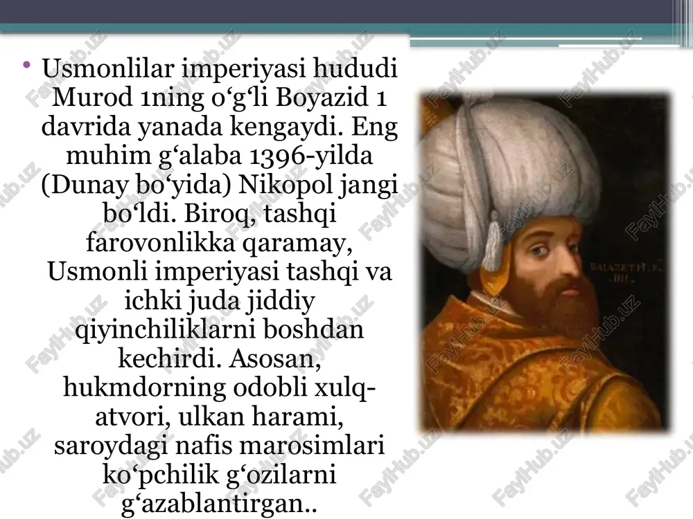 osib olingan xalqlarning ekspluatatsiyasi bilan bir qatorda turk bosqinchilarining harbiy qudratining yanada oshishiga xizmat qildi. harbiy-feodal zodagonlar manfaatlarini koʻzlab bosqinchilik siyosatini olib borgan turk sultonlari oʻzlarini “gʻozi” (eʼtiqod uchun kurashuvchi) deb ataydigan koʻplab foyda va sarguzasht izlovchilar tomon oqib keldilar turk istilochilari birin-ketin hududlarni egallab, bosib olingan xalqlarning moddiy resurslaridan yangi yurishlar uyushtirish uchun foydalandilar. bolqon ustalari yordamida ular kuchli artilleriya yaratdilar, bu turk armiyasining harbiy qudratini ancha oshirdi. bularning barchasi natijasida xvi asrga kelib usmonli imperiyasi. qudratli harbiy kuchga aylandi, uning armiyasi tez orada sharqda safaviylar davlati hukmdorlarini va misr mamluklarini tor-mor keltirdi va chexlar va vengerlarni mag'lub etib, g'arbda vena devorlariga yaqinlashdi. usmonli imperiyasi tarixida 16-asr gʻarb va sharqdagi uzluksiz tajovuzkor urushlar, turk feodallarining dehqonlar ommasiga qarshi hujumining kuchayishi va bir necha bor qurol koʻtargan dehqonlarning qattiq qarshiliklari bilan tavsiflanadi. feodal zulmiga qarshi. sharqdagi turk istilolari avvalgi davrda bo‘lgani kabi turklar o‘zlarining harbiy ustunliklaridan foydalanib, hujum siyosatini olib …