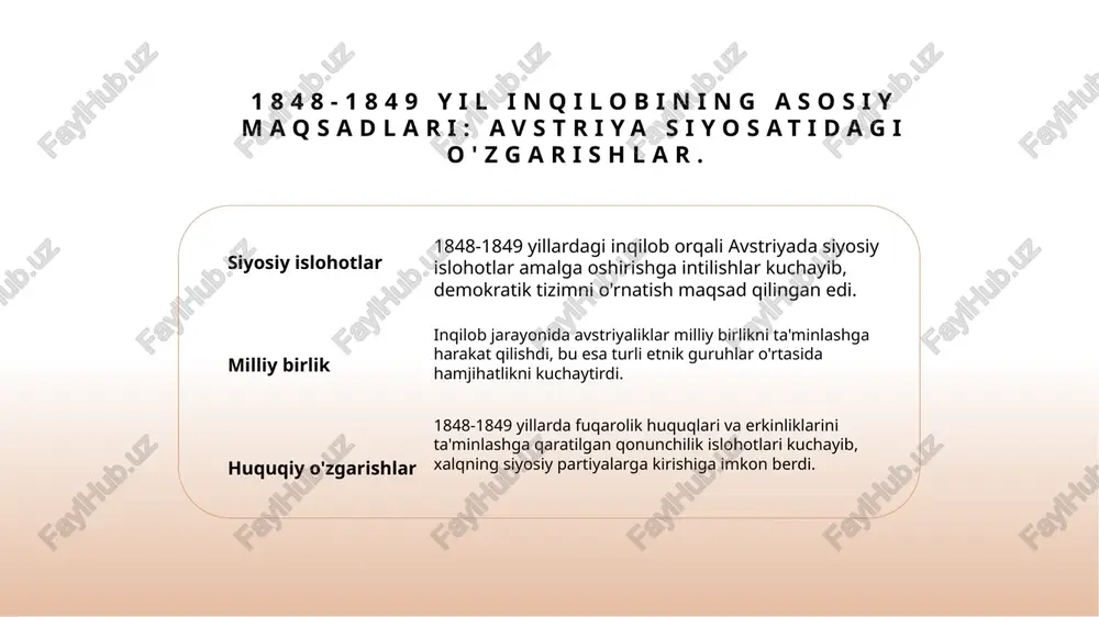loblar, avstriyaning xalqaro munosabatlariga ta'sir ko'rsatib, kuchli davlatlar o'rtasidagi ziddiyatlarni kuchaytirdi. avstriya inqilobida siyosiy islohotlarning o'rni va ahamiyati. 1 siyosiy o'zgarishlar 1848-1849 yillardagi inqilob avstriya siyosatida muhim o'zgarishlarni keltirib chiqardi, natijada parlament va konstitutsiya talab qilindi. 2 islohotlarning ahamiyati siyosiy islohotlar, avvalambor, avstriyaliklar uchun erkinlik va tenglikni ta'minlash maqsadida amalga oshirildi, bu esa ijtimoiy adolatni oshirdi. 3 xalq ishtiroki inqilob davomida xalq keng ishtirok etdi; bu, o'z navbatida, siyosiy islohotlarning amalga oshishiga yordam berdi va hokimiyatni nazorat qilishni kuchaytirdi. ijtimoiy o'zgarishlar: 1848-1849 yil inqilobining ta'siri. siyosiy tenglik 1848-1849 yil inqilobi, fuqarolarni siyosiy huquqlar uchun kurashga undadi, saylov huquqi va erkinlik talablarini kuchaytirdi. ijtimoiy o'zgarishlar inqilob natijasida ijtimoiy qatlamlar o'rtasidagi farqlar kamayib, ishchilar va qishloq aholisining huquqlari kuchaydi, ijtimoiy adolat yo'lida qadamlar qo'yildi. ta'lim va madaniyat inqilob ta'siri bilan ta'limga bo'lgan e'tibor kuchaydi, yangi ta'lim muassasalari tashkil etilib, madaniy hayotda ham o'zgarishlar yuz berdi. avstriyadagi inqilobiy harakatlar va ularning siyosiy natijalari. …