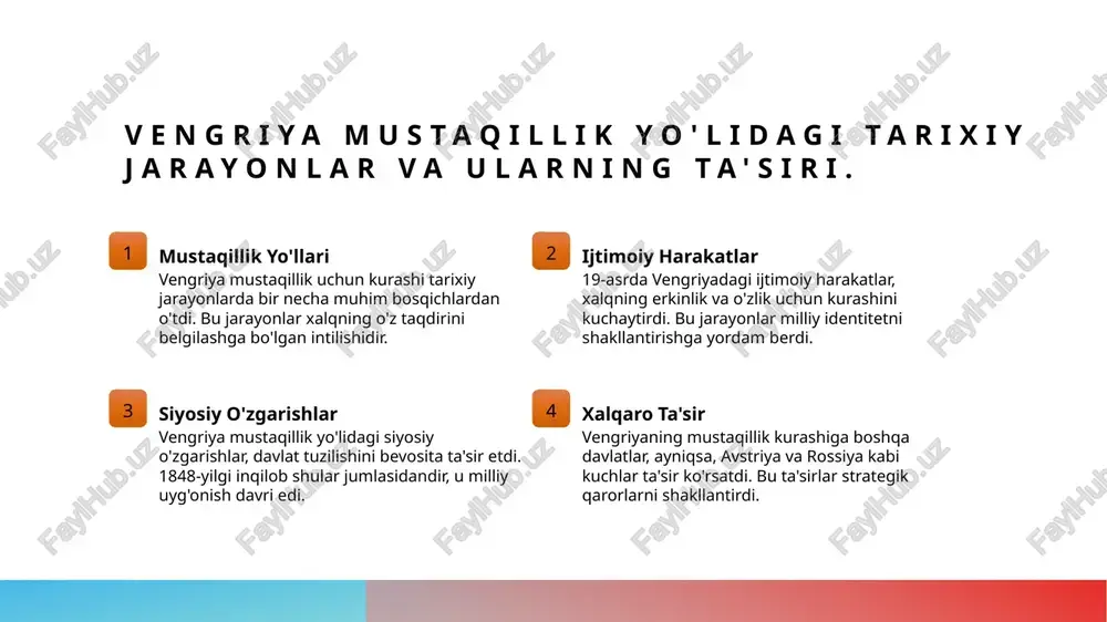gi kunda ham yodga olinadi. tarixiy ta'sir vengriya ozodlik kurashi tarixiy voqealar va qahramonlar orqali nafaqat milliy, balki xalqaro maydonda ham ta'sir ko'rsatdi. bu kurash o'zgarishlar olib keldi. o'zlik va erkinlik: vengriya tarixidagi muhim qarorlar. 1 mustaqillik deklaratsiyasi 1849-yilda vengriya mustaqillik deklaratsiyasi qabul qilindi, bu hujjat xalqning o'z taqdirini belgilash huquqini tan oldi va erkinlik uchun kurashni kuchaytirdi. 2 1867-yilgi kompromis 1867-yilda avstriya-vengriya kompromisi qabul qilindi, bu vengriyaga o'z ichki ishlarida mustaqillik berdi, ammo haqiqiy suverenitetni chekladi. 3 1956-yilgi inqilob 1956-yilgi inqilob vengriya tarixida muhim bir burilish bo'lib, xalq erkinlik uchun kurashda yangi umidlarni uyg'otdi, ammo sovet qo'shinlari tomonidan bostirildi. milliy identitetni shakllantirishdagi asosiy qarorlar. 1 tarixiy asoslar - vengriya milliy identiteti, asosan, 19-asr o'rtalaridagi inqilobiy harakatlardan kelib chiqadi. bu jarayon, xalqning o'zligini anglashini kuchaytirdi. 2 madaniy qayta tug'ilish - vengriya madaniyatining qayta tug'ilishi, yozuv va san'at orqali milliy g'ururni oshirdi. ushbu jarayon, milliy identitetni mustahkamladi. 3 siyosiy harakatlar - …