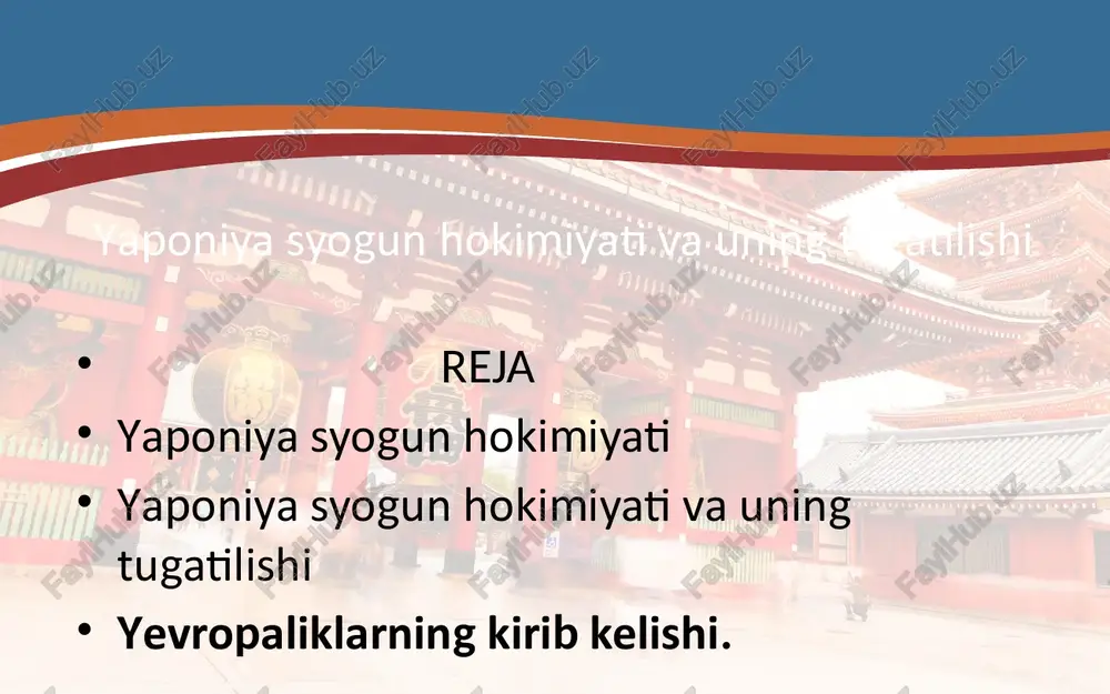 qonun chiqardi. bu hol yaponiyaning yevropa bilan munosabatlariga ta'sir etmay qolmadi. natijada yaponiya tashqi dunyodan o'zini-o'zi ajratib qo'ydi. yosimune islohotlari. yosimune tokugava sulolasining eng mashhur davlat arbobi sifatida tanildi. u bu suloladan chiqqan sakkizinchi syogun bo'lib, 1716-1745- yillarda hukmronlik qildi. yosimune tokugava 11 u qo'riq yerlarni o'zlashtirish hisobiga dehqonchilik qiluvchilarni rag'batlantirish siyosatini yuritdi. sug'orish inshootlari tizimini takomillashtirdi. yerni sotish, sotib olish yoki garovga qo'yishni taqiqlovchi qonun chiqardi. mamlakat va jamiyat hayotini tartibga solishda u joriy etgan «100 moddali farmon» deb ataluvchi qonunlar to'plami katta ahamiyatga ega bo'ldi. savol va topshiriqlar 1. «kurashuvchi viloyatlar davri» iborasining mazmunini izohlab bering. 2. oda nobunaganing yaponiya tarixidagi xizmatiga baho bering. 3. toyotomi xidayosi va tokugava iayasularning yaponiya oldidagi xizmatlarini taqqoslang. 4. nega xidayosi va tokugava yaponiyada xristian dinini taqiqlash siyosatini yuritganlar? image3.jpeg image4.jpeg image5.jpeg image6.jpeg image7.jpeg image8.jpeg image9.jpeg image10.jpeg image11.jpeg image12.jpeg image13.jpeg image14.jpeg image1.jpg ve hk hf a 45 4% ue hr or r …
