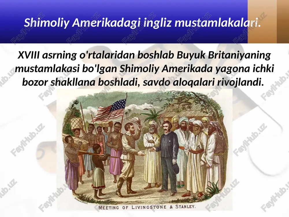 lik uchun urush boshlandi. jorj vashington mustaqillik deklaratsiyasi. 1776- yilning 4- iyulida e'lon qilingan bu hujjat «mustaqillik deklaratsiyasi» deb ataldi. deklaratsiya yangi davlat - amerika qo'shma shtatlarining tuzilganligini butun dunyoga ma'lum qildi. urushning tugallanishi. 1782- yilda amerika va fransiya qo'shinlari buyuk britaniya asosiy kuchlarini taslim etdi. natijada buyuk britaniya qiroli hukumati muzokaralar boshlashga majbur bo'ldi. shu tariqa urush tugadi. aqsh konstitutsiyasining qabul qilinishi. 1787- yili filadelfiya shahrida mamlakat shtatlari vakillarining ta'sis konventi chaqirildi. uning ishida barcha shtatlardan saylangan 55 nafar vakil qatnashdi. 1787- yilda aqsh konstitutsiyasi qabul qilindi. ular aqsh konstitutsiyasini tayyorlash ishini nihoyasiga yetkazishlari lozim edi. davlat tuzumi. konstitutsiya aqshda respublika tuzumini o'rnatdi. ijro etuvchi hokimiyatni 4 yil muddatga saylanadigan prezident boshqaradigan bo'ldi. 1789- yilda jorj vashington aqshning birinchi prezidenti etib saylandi. oliy qonun chiqaruvchi hokimiyatning ikki palatali kongress tomonidan amalga oshirilishi belgilandi. yuqori palata «senat», quyi palata esa «vakillar palatasi» deb ataldi. senatga har bir shtatdan ikki kishi, …