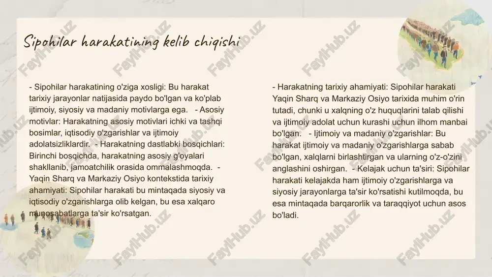y getty images on unsplash sipohilar harakatining ta'siri sipohilar harakati ijtimoiy va madaniy o'zgarishlarga sabab bo'ldi. u jamiyatda yangi fikrlar, qadriyatlar va madaniyatning rivojlanishiga turtki berdi. ushbu harakatning kelajakdagi rivojlanishi global aloqalar va ijtimoiy tarmoqlar orqali davom etadi, o'zgarishlar va yangi imkoniyatlarga olib keladi. rivojlanish jarayonida olingan saboqlar, samarali strategiyalar va jamiyatda ijtimoiy o'zgarishlarni amalga oshirish uchun muhimdir. photo by chastagner thierry on unsplash 1 2 3 sipohilar harakatining ijtimoiy ta'siri sipohilar harakati, ijtimoiy muhitga katta ta'sir ko'rsatgan. bu harakat davomida ijtimoiy guruhlar va jamoalar o'rtasida muhim o'zgarishlar yuz berdi. loyihalar va tashabbuslar orqali jamiyatda ijobiy va salbiy ta'sirlar kuzatildi. sipohilar harakatining ijtimoiy ta'siri bir nechta muhim jihatlarni o'z ichiga oladi. birinchidan, harakat ijtimoiy muhitni o'zgartirib, turli guruhlar o'rtasida aloqalarni kuchaytirdi. ikkinchidan, ijtimoiy loyihalar va tashabbuslar yuzaga kelib, jamiyatga ijobiy ta'sir ko'rsatdi. biroq, ayrim salbiy jihatlar ham mavjud, masalan, ziddiyatlar yuzaga kelishi. shunday qilib, jamiyatdagi o'zgarishlar harakatning maqsadlariga bog'liq bo'lib …