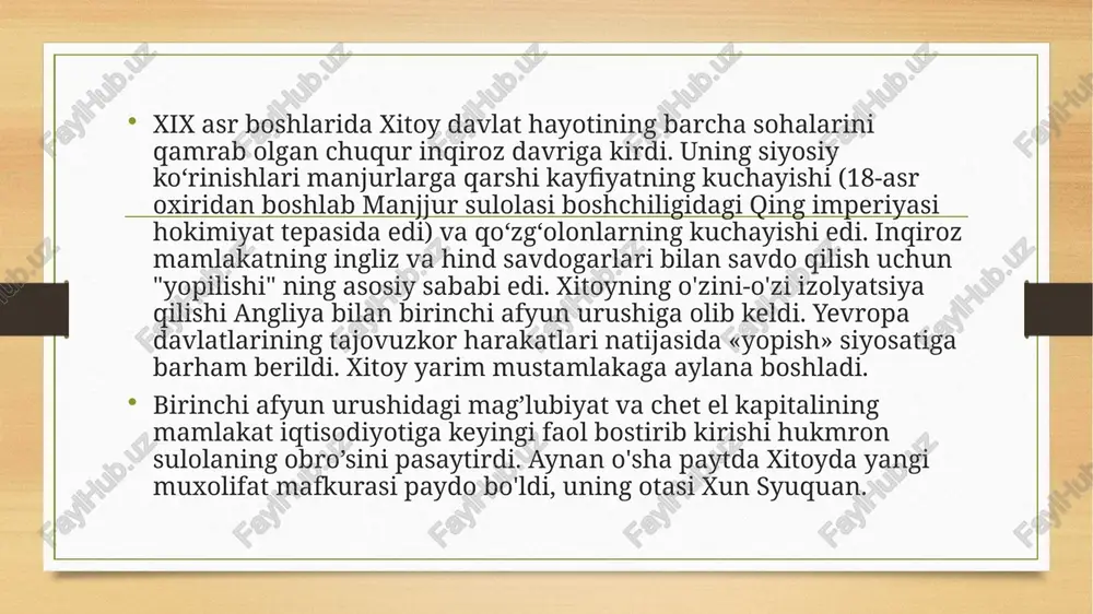 do shohligi" haqidagi g'oyasidan hayratda qoldi. u qadimgi xitoyning “adolatli jamiyat” tushunchalariga mos kelardi. shu munosabat bilan, taypinglar tenglik va birodarlik g'oyalarini birinchi o'ringa qo'yishdi. taypinglar mafkurasining oʻziga xos xususiyati uning manchjuriyaga qarshi yoʻnalishi edi. u o‘z va’zlarida qing sulolasini ag‘darish kerakligi haqida gapirdi. bundan tashqari, taypinglar manjurlarni jismonan yo'q qilishga chaqirdilar. xun syutsyuanning izdoshlari konfutsiylik va boshqa muqobil dinlarga qarshi edilar, lekin ulardan ba'zi g'oyalarni o'zlashtirdilar (masalan, "faqat dindorlik" g'oyasi). tashkilotning asosiy maqsadi taiping tianguo (samoviy farovonlik davlati)ni yaratishdir. qoʻzgʻolonning boshlanishi va davrlashtirish 1850-yil yozida jintian qoʻzgʻoloni boshlandi. taypinglar mamlakatdagi vaziyatni qing sulolasi boshchiligidagi davlat hokimiyatiga qarshi ochiq harakat qilish uchun qulay deb hisoblardi. 10 000 isyonchi guangsi provinsiyasi janubidagi jintian qishlog‘i hududida to‘plangan. 1850-yil 11-yanvarda qoʻzgʻolon boshlangani rasman eʼlon qilindi. kurashning birinchi bosqichida taypinglar xitoyni ozod qilishni oʻz oldilariga asosiy maqsad qilib qoʻyishdi. qing (bu yerda 100 yildan ortiq hukmronlik qilgan sulola) dushman deb e'lon qilindi va uni …
