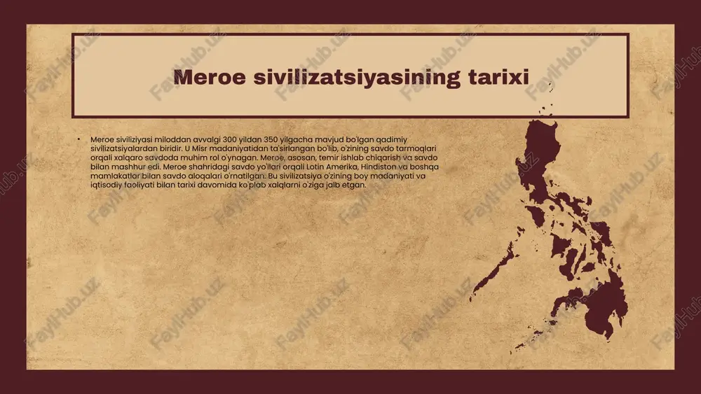 os matnlar va hikoyalar bilan boyitilgan. ularning yozma an'analari asosan hieroglif va boshqa yozuvlardan iborat. meroe adabiyotida qahramonlik, tabiat va ijtimoiy hayot mavzulari keng o'rin olgan. meroe sivilizatsiyasining iqtisodiy ahamiyati meroe siviliziyasi tarixiy savdo yo'llarining kesishgan joyida joylashgan bo'lib, bu uning iqtisodiy rivojlanishiga katta ta'sir ko'rsatdi. savdo yo'llari meroe orqali o'zgarishsiz o'tgan va bu mamlakatni boshqa madaniyatlar bilan bog'lagan. qishloq xo'jaligi meroe iqtisodiyotining asosiy poydevorini tashkil etdi. mamlakatda paxta, bug'doy va boshqa qishloq xo'jalik mahsulotlarini yetishtirish orqali iqtisodiy farovonlikka erishildi. meroe mintaqasida boy tabiiy resurslar, jumladan, metall va minerallar mavjud edi. bu resurslar meroening sanoat va savdosini rivojlantirishda muhim rol o'ynadi. meroening iqtisodiy o'sishi va rivojlanishi uning savdo va qishloq xo'jaligiga asoslangan. ushbu omillar meroeni afsonaviy sivilizatsiyalardan biriga aylantirdi va tarixi davomida uning kuchini ta'minladi. meroe san'atining o'ziga xosligi meroe san'ati, o'zining noyob xususiyatlari bilan ajralib turadi. bu san'atda tosh, loy, va metall kabi materiallar qo'llaniladi. meroedagi rasmiy va diniy …