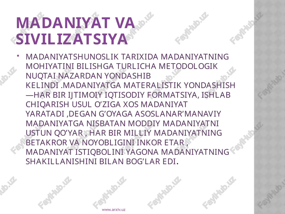 lanishi bn bog’liqdir . texnika texnika so’zining o’zi maxorat ,sanat anglatib ishlab chiqarishga bog’liq bo’lmagan yoki bog’lq bo’lgan faoliyatni amalhga oshirishda kishilar yaratgan vositalar yig’indisini bildiradi.insoniyat jamiyati paydo bo’lishi bilan amalda texnika paydo bo’ldi ,dastlab kishining mexnat faoliyatida yordam beruvchi mexnat qurollari sifatida keyin har hil maqsadlarda ishlatiladigan texnikaning boshqa turlari vujydga keldi. www.arxiv.uz texnikaning xususiyatlari quyidagilar; 1)texnika suniy ravishda ,kishilar tomonidan tabiatni o’zgartirishi natijada yaratilgan yaratiladigan ,loyixa andozaqlar moddiylikka kishilarning ujasamlashadi 2)texnikaning ommaviy xususiyati avvalo ,kishilarning amaliy extiyojlari bilan bog’liq bo’lib shu extiyojlarni qondirishga xizmat qiladi. 3)texnikaning muhim predmetlaridan biri rotsionollik xisoblanadi, malum jamiyatda u yoki bu texnika qurilmasini malum qadar tezroq ishlab chiqarishga mo’ljallangan . www.arxiv.uz sivilizatsiya va sivilizatsiya va madaniyat rivojlanmagan davlatlar o’zbekiston afrika www.arxiv.uz xix asrda texnika taraqqiyoti g’ayriqonuniy ravishda madaniyatning butun rivojini bir xil qolipda o’lchashi jamiyat fikrida iqtisodiy omillarning axamiyqati oshuviga olib keldi. bu esa texnik o’zlashtirish suratlari sezilarli ravishda oshmoqda . natijada taraqqiyotning …