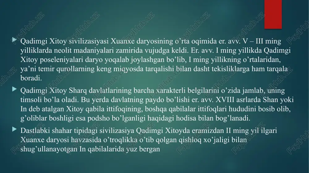er. avv. ii ming yillikning 2-yarmida shimoliy xitoyda – tansudan shan-dungacha va xebeydan xunani hamda szyasnigacha ilk shahar tipidagi poseleniyalar – bronza davriga oid poseleniyalar kuzatilib, ular oxirgi o’n yilliklarda topilgan arxeologik topilmalar bilan bog’liq. ushbu «shahar o’choqlari» qo’ni-qo’shni jamoalar komplekslarini tashkil etgan. in davri «ilk shahar» poseleniyalari birinchi bo’lib xenant viloyatida topilgan. er. avv. ii ming yillikning oxirida etnik jihatdan bir xildagi yirik tashkilot bo’lmish shahar jamoalari konglomerati boshida shan shahar-davlati turadi. uning yo’lboshchisi favqulodda harbiy haq-huquqlardan foydalana olardi hamda van deb nomlanardi (van atamasi keyinchalik podsho va oliy kohin funksiyasini boshqargan shaxs bo’lgan). shan shahri va jamoasi to’g’risida xitoy hududidagi mavjud eng qadimgi yozma yodgorliklardan bilib olamiz. ushbu davrning asosiy manbalari bo’lib, yozuvlar hisoblanadi. biroq ular arxaik yozuv usulida yozilganligi bois o’qishda chalkashliklar yuzaga keladi va mazmuni jihatdan ular diniy matnlar hisoblanadi hamda ijtimoiy tuzumni tavsiflab berolmaydi. ko’rib o’tilayotgan davrdagi birinchi yozma yodgorliklar er. avv. xiii – xi …