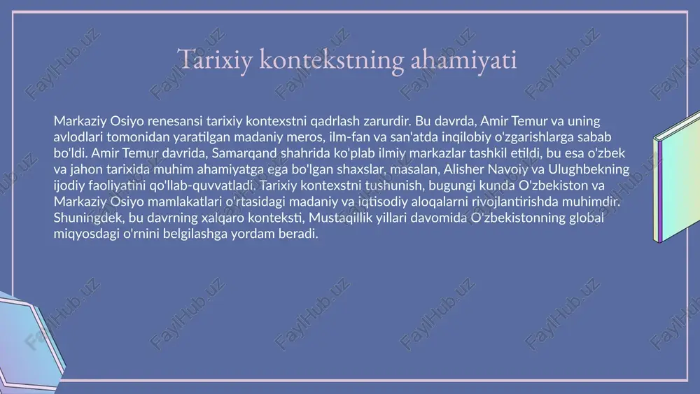 va go'zallik tushunchalari yangicha ko'rinishda aks etgan. renesans san'atining asosiy xususiyatlari - realizm, perspektiva va anatomiya bilimlarining rivojlanishi. markaziy osiyo san'atida ham renesans ta'siri sezilarli bo'lib, bu davrda ko'plab san'atkorlar o'z ijodida yangi g'oyalarni qo'llashgan. masalan, samarqandda yashagan ma'lum rassomlar o'z asarlarida renesans uslubidagi perspektivani va ranglar uyg'unligini qo'llaganlar. shuningdek, ushbu davrda yaratilgan asarlar o'ziga xos madaniyat va urf-odatlarni aks ettiradi. renesans davri san'ati nafaqat estetik jihatdan, balki madaniy almashinuvlar nuqtai nazaridan ham muhimdir. interkultural munosabatlar san'atda yangi g'oyalar va uslublarni olib keldi, bu esa san'atkorlarning ijodiga katta ta'sir ko'rsatdi. umuman olganda, renesans davri san'ati, insoniyat tarixida muhim o'rin tutadi va bugungi san'at uchun asos bo'lib xizmat qiladi. markaziy osiyo san'ati xulosa adabiyot tarixidagi buyuk shaxslar ta'lim va madaniyatdagi cheklovlar yangi avlod adiblari g'arbiy ta'sirlar markaziy osiyo adabiyotida alisher navoi, sadriddin ayniy kabi buyuk adiblar mavjud bo'lib, ularning asarlari xalqimizning madaniy merosini tashkil etadi. ta'lim tizimidagi cheklovlar va madaniy ahvol, …
