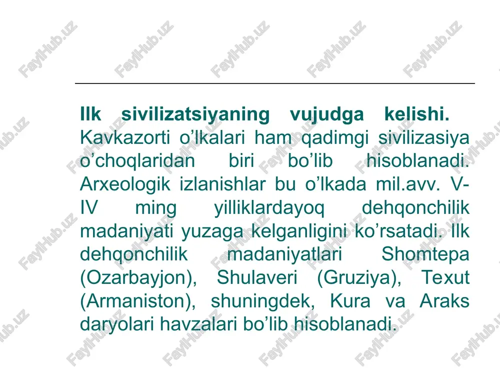 yrim hollarda shulaveri-shomu madaniyatining oldingi qatlami bilan ustma-ust tushadi. shulaveri-shomu madaniyati janubiy kavkazning qoʻshni neolit ​​va xalkolit madaniyatlari kabi mahalliy obsidiandan mehnat qurollari yasagan, chorvachilik (qoramol, choʻchqachilik) bilan shugʻullangan, ekinlar, jumladan, uzum yetishtirgan. imiri qishlog'i yaqinidagi gadachrili tog'ida (gadachrili gora) radiokarbon tahlillari miloddan avvalgi 6000 yilni ko'rsatadi. shulaveri-shomu moddiy madaniyatining ko'plab xarakterli xususiyatlari (yumaloq taxtadan yasalgan binolar, bezakli sopol buyumlar, antropomorf ayol haykalchalari, obsidian qurollar - asosan cho'zinchoq prizmatik pichoqlar) yaqin sharq neolit ​​(xassun, xalaf) madaniyatlaridan kelib chiqqan deb taxmin qilinadi. dastlab yerga tosh qurollar, keyinchalik metall qurollar bilan ishlov berila boshlangan. bug’doy, arpa, tariq, no’xat asosiy o’simliklar bo’lib, yerga jamoa bo’lib ishlanganini arxeologik ashyolar isbotlab turibdi. mil.avv. iii ming yilliklarda kura va araks daryolari nomi bilan ataluvchi dehqonchilik madaniyatlarida bronza mehnat qurollari ishlatila boshlanganini ko’rish mumkin. xo’jalik taraqqiyoti bilan bir qatorda dehqonchilik manzillari, qishloqlar devor bilan o’rab olina boshlandi. qishloqlar savdo, hunarmandchilik markazlariga aylana bordi. tabiiy sharoit tog’liklardan iborat …