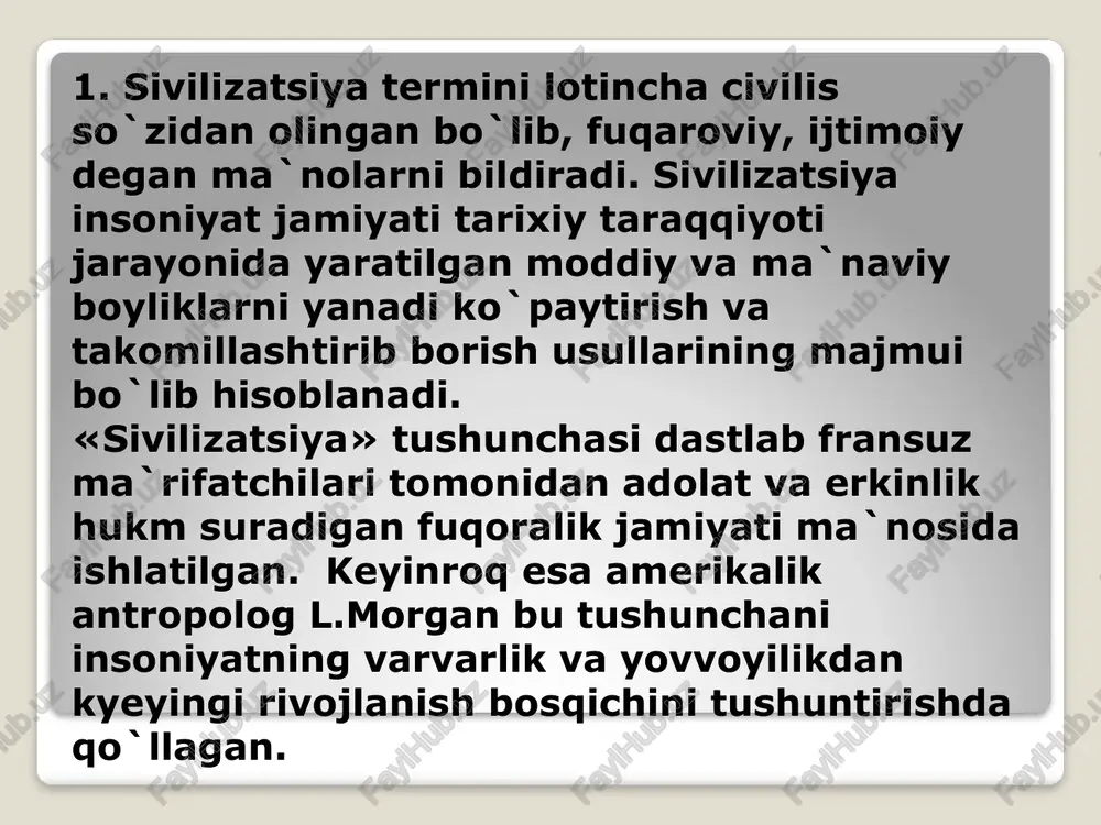 an. xx asr boshlariga kelib, nemis faylasufi o.shpengler “yevropa quyoshining so’nishi” asarida madaniyat va sivilizatsiya tushunchalarini bir-biriga qarama-qarshi qo’ydi. uning fikricha, sivilizatsiya madaniyatning eng yuqori bosqichi bo’lib, undan keyin esa madaniyat asta-sekin inqirozga yuz o’giradi. nemis faylasufi sivilizatsiya deganda texnik- mexanik jarayonlar majmuini nazarda tutgan. madaniyatning paydo bo’lishi insoniyatning yovvoyilikdan keyingi davri bilan bog’liq bo’lsa, sivilizatsiya - tarixiy jarayon, ijtimoiy hodisadir. sivilizatsiyaning yana bir ma’nosi - madaniyatning zamon va makonda chegaralangan tarixiy tipi (misr sivilizatsiyasi, mesopotamiya sivilizatsiyasi va b.). sivilizatsiya madaniyat so’zining sinonimi sifatida, ko’pincha moddiy madaniyat ma’nosida ham qo’llaniladi. shveytsariyalik tarixchi j.starobinskiyning fikricha, sivilizatsiya tushunchasini ilk bor fransuz iqtisodchisi viktor riketi mirabo (1715- 1789 yy) o’zining “qonunlar do’sti” asarida qo’llagan. s.nilson : yovvoyilik, nomadizm (yunon. nomados – ko’chib yuruvchi, ko’chmanchili, dehqonchilik va sivilizatsiya. ma’rifatparvarlik davridagi ensiklopediyalarda sivilizatsiya tushunchasi taraqqiyot konsepsiyasi bilan uyg’unlashib ketadi. xalqlar sivilizatsion taraqqiyotining rang-barangligini tarixiy jarayonda yagonalik va rang-baranglikning o’zaro nisbati jambatissta viko (1668-1744) o’zining “millatlar …